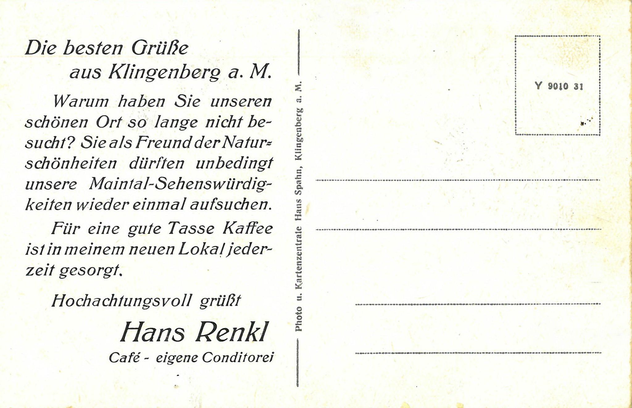 Café Renkl Rückseite der Ansichtskarte