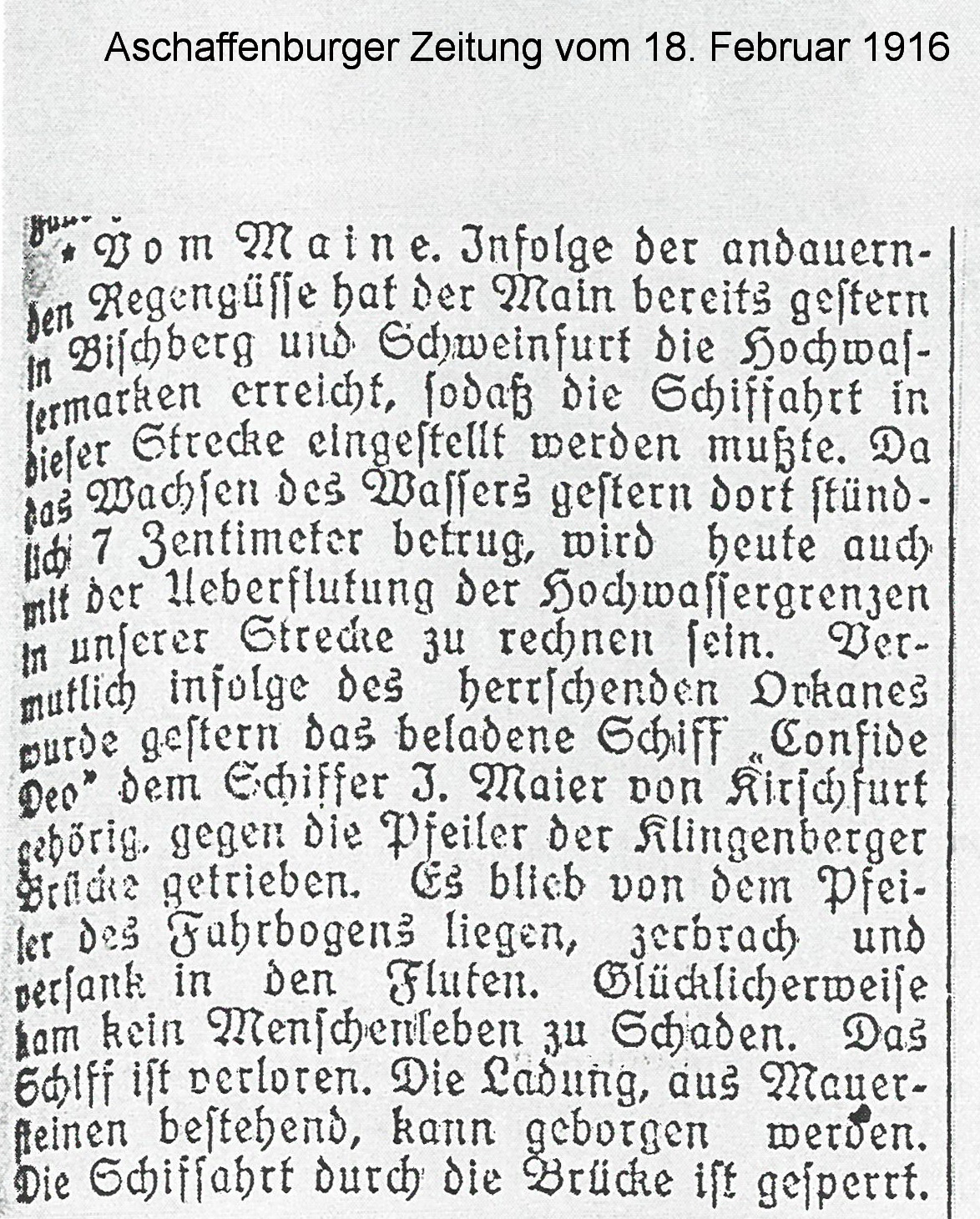 Zeitungsartikel zum Schiffsunglück Confide Deo 1916