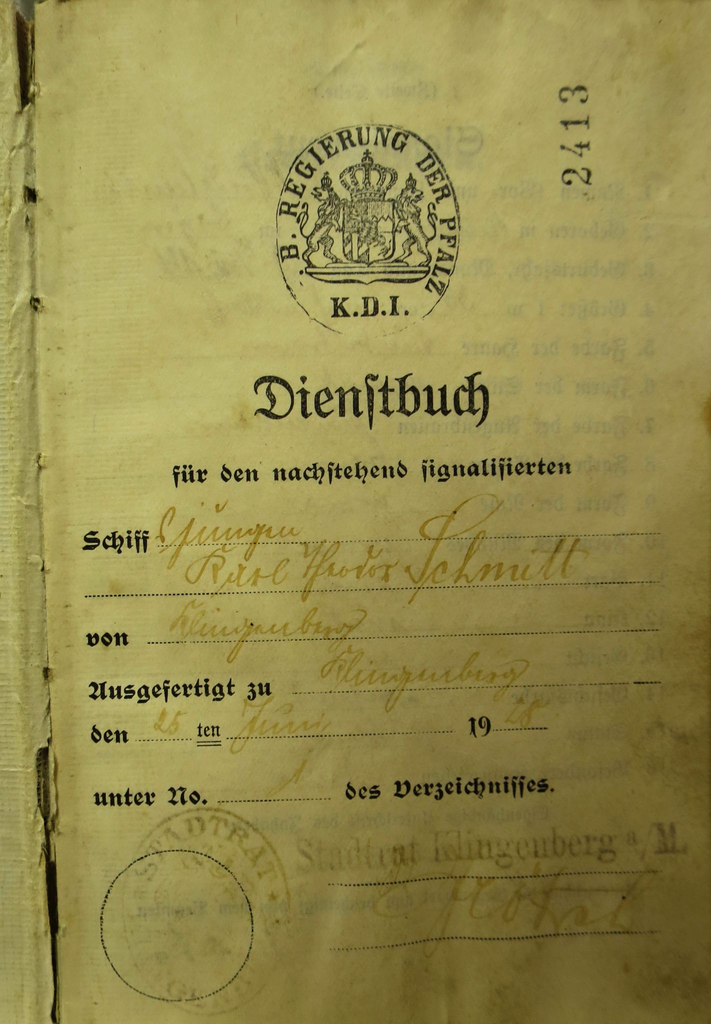 Dienstbuch des Schiffsjungen Karl Theodor Schmitt 1928