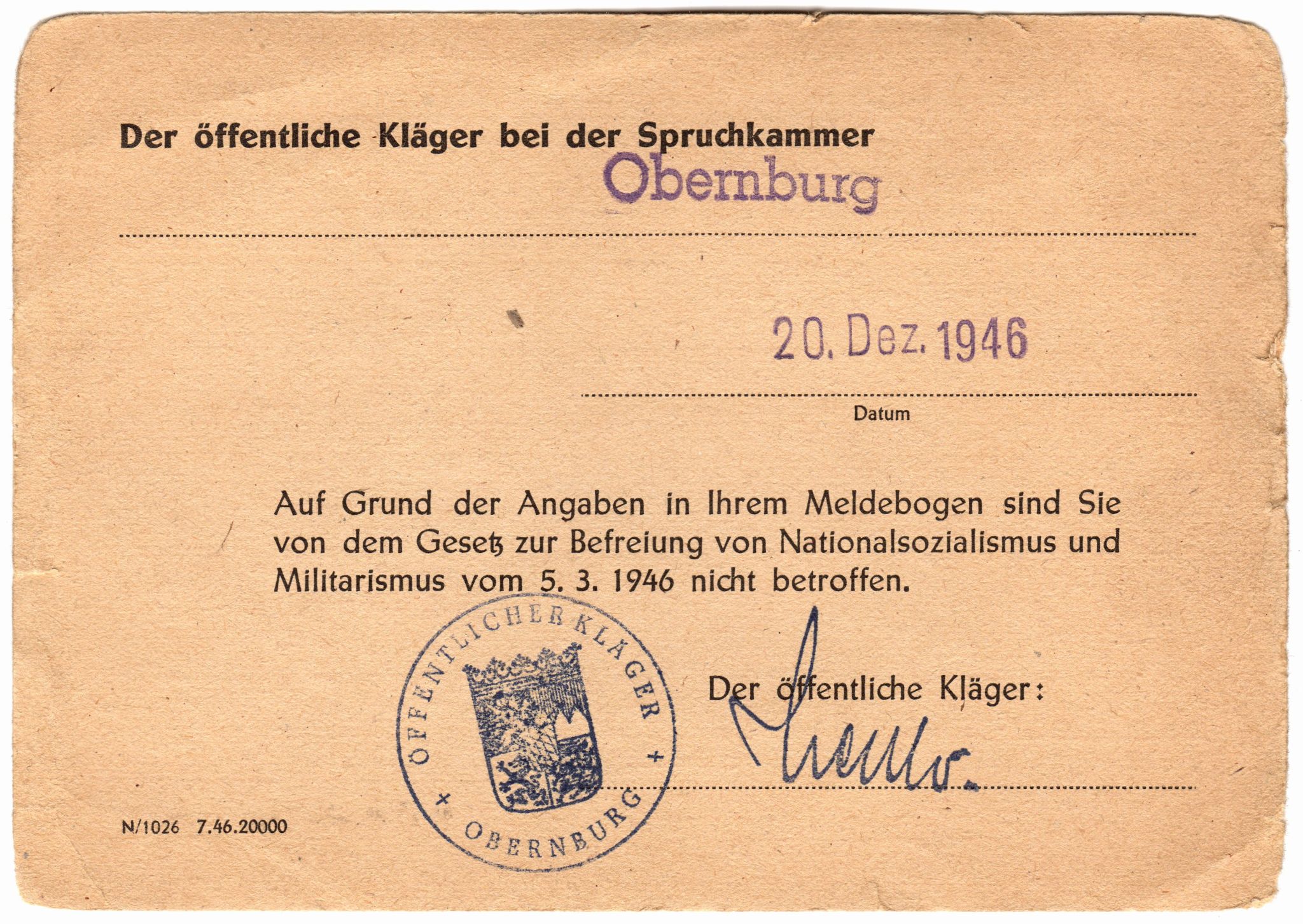 Mitteilung der Spruchkammer an Josef Ebert