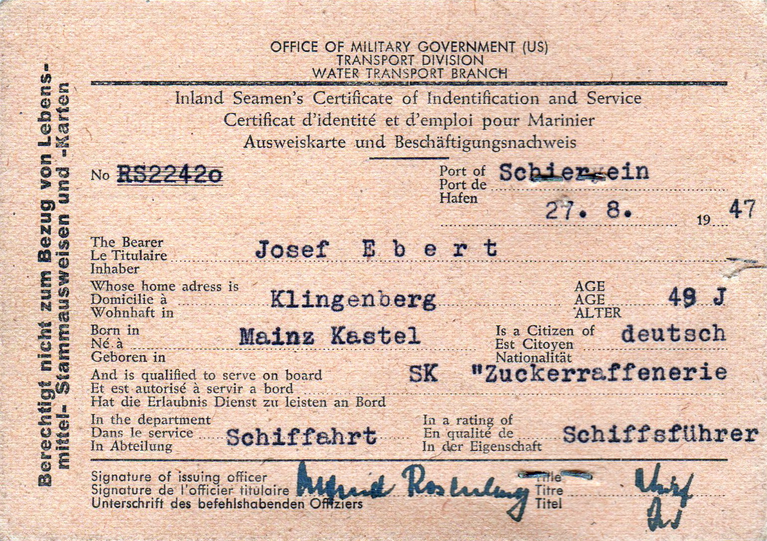 Schifferpatent Josef Ebert