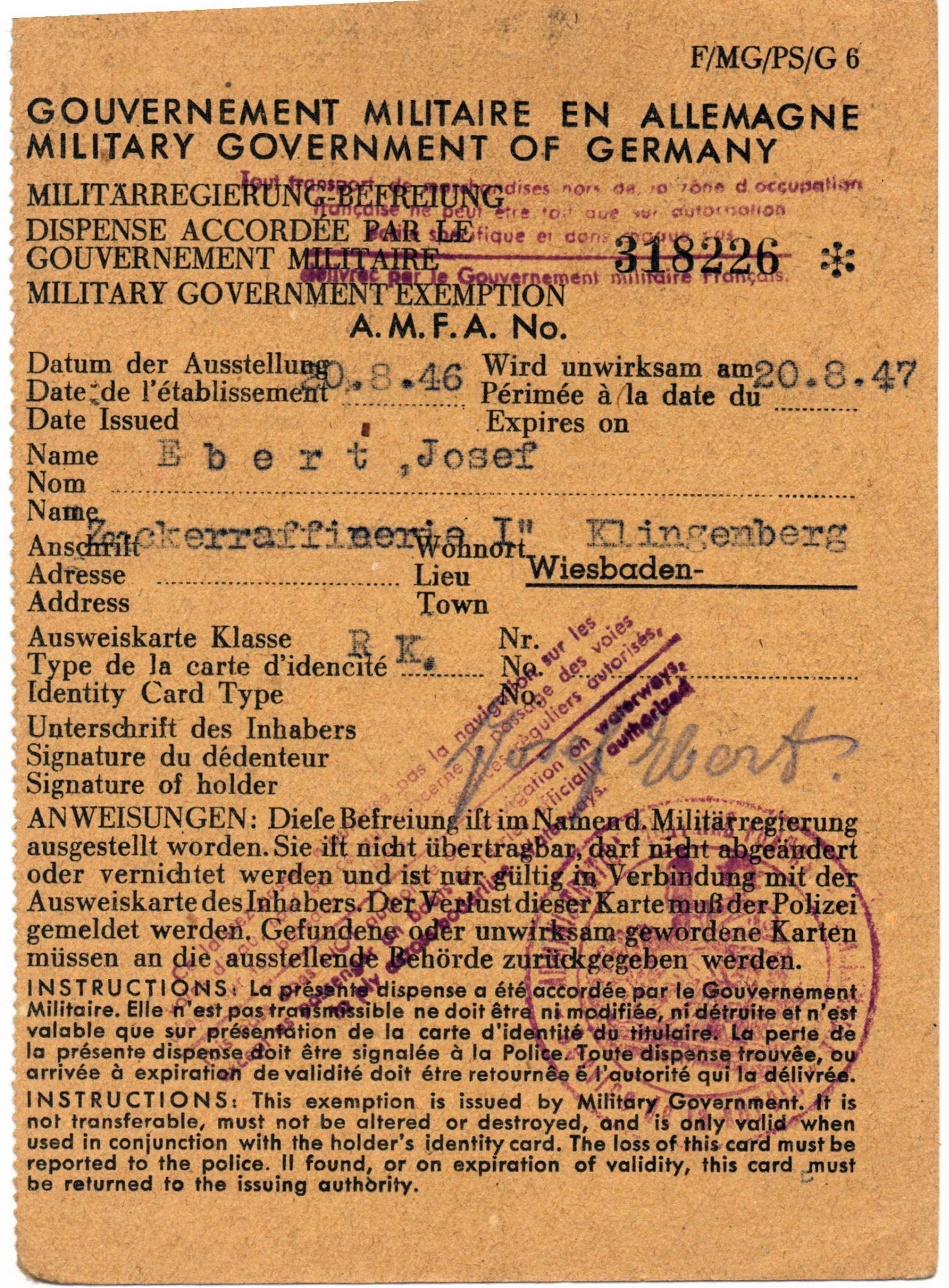 Erlaubnis zum Befahren von Wasserstraßen für Josef Ebert 1947 (Rückseite)