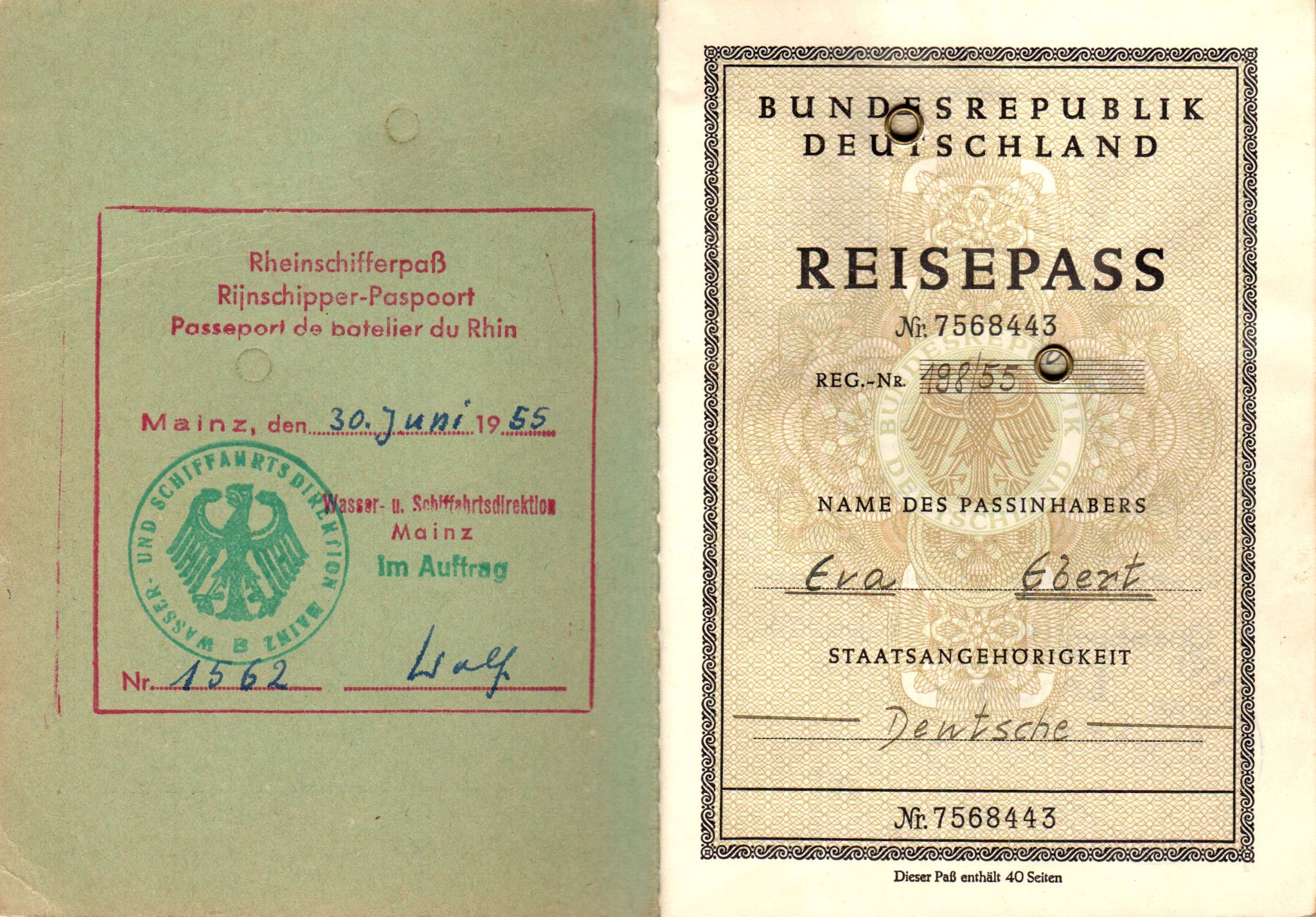 Rheinschifferpass für Eva Ebert 1955