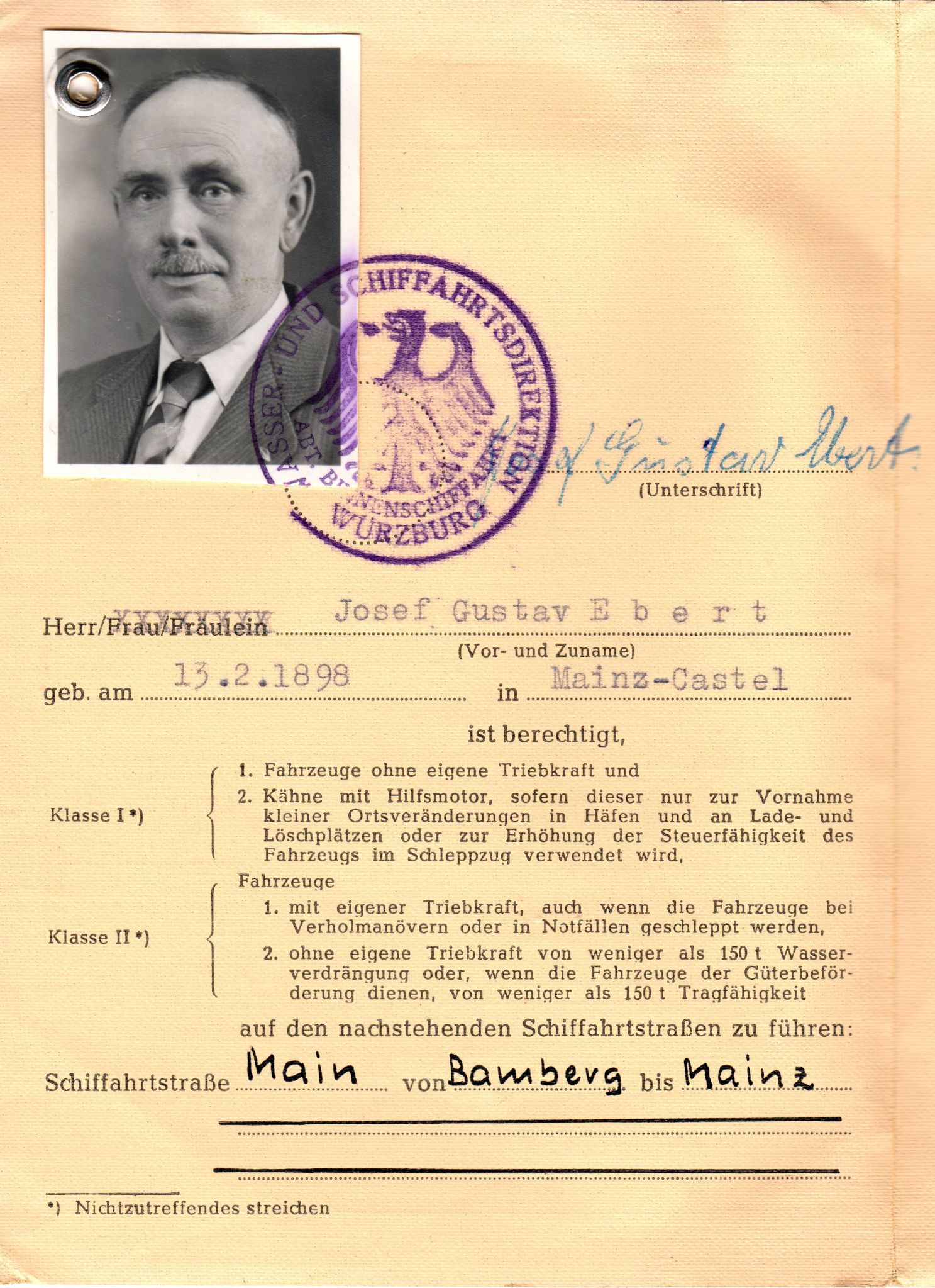 Schifferpatent für Josef Ebert (Innenseite)