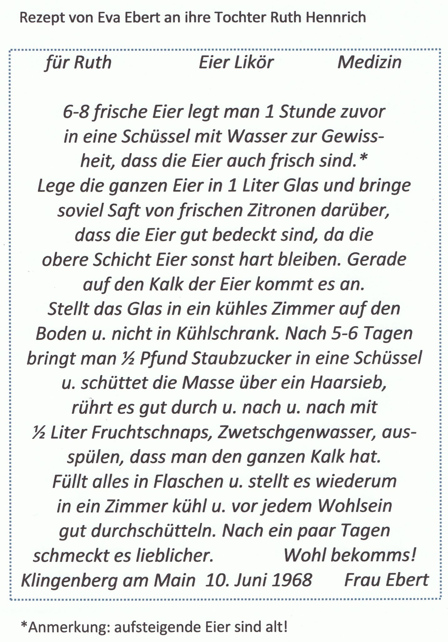 Eierlikörrezept von Eva Ebert 1968