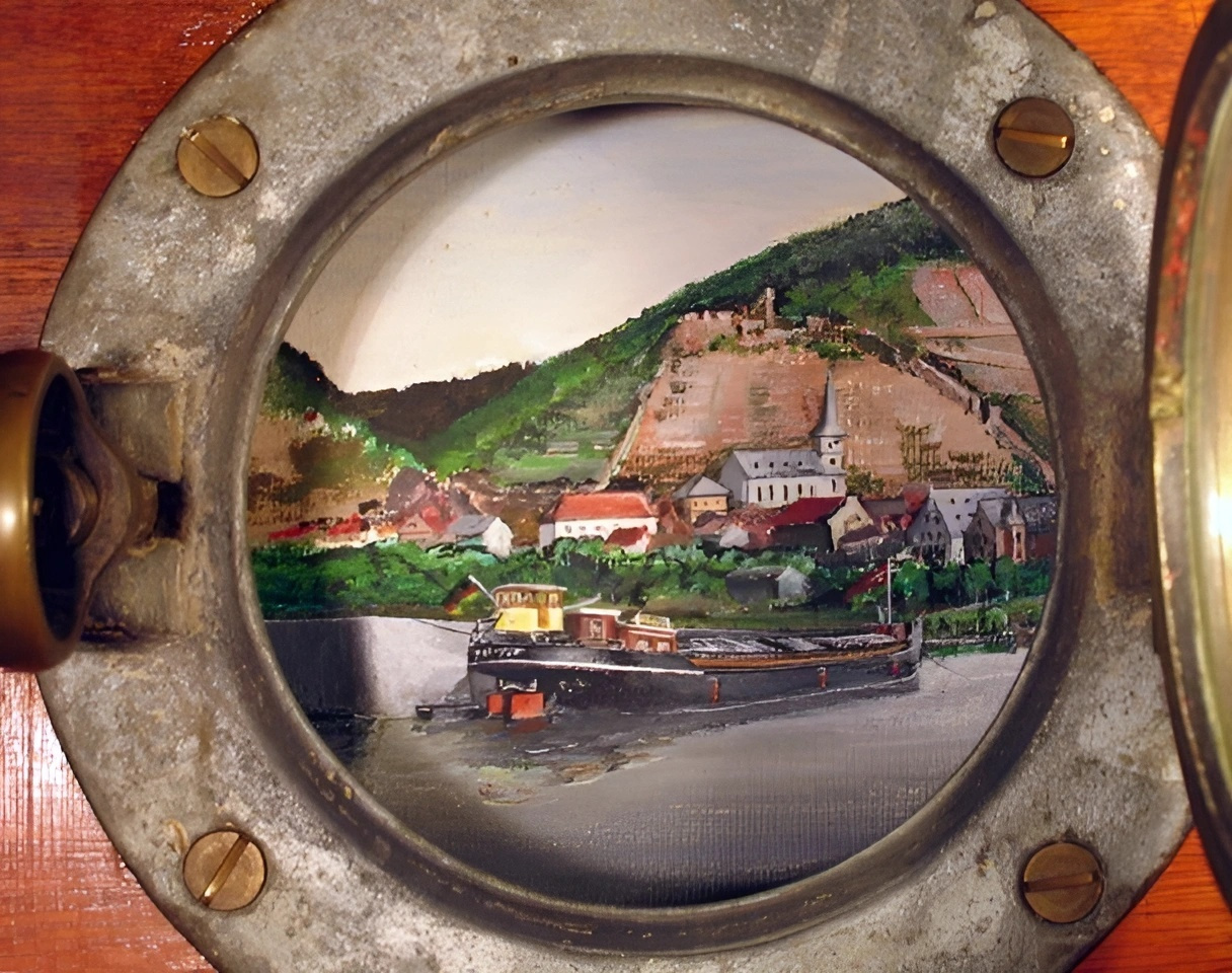 Blick durch das Bullauge auf die Mainperle vor Klingenberg 1955, Schiffer Karl Th. Schmitt.