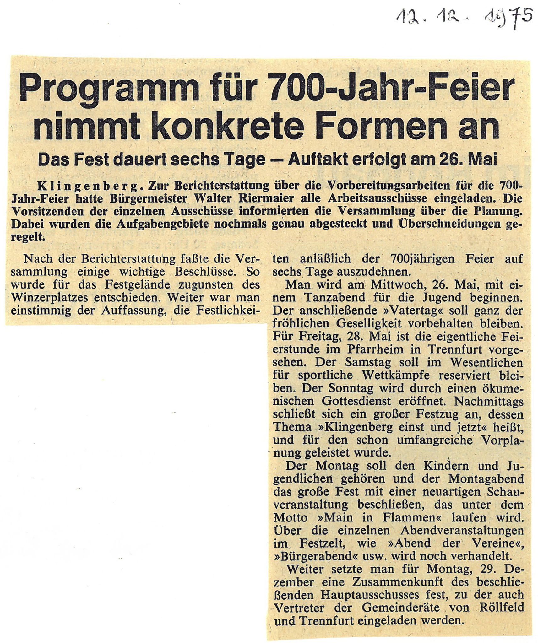 Zeitungsbericht zu den Vorbereitungen der 700-Jahrfeier