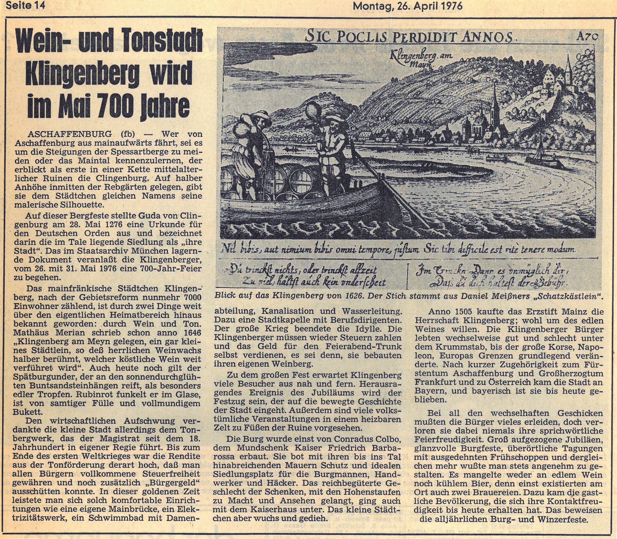 Zeitungsbericht zur Ankündigung der 700-Jahrfeier