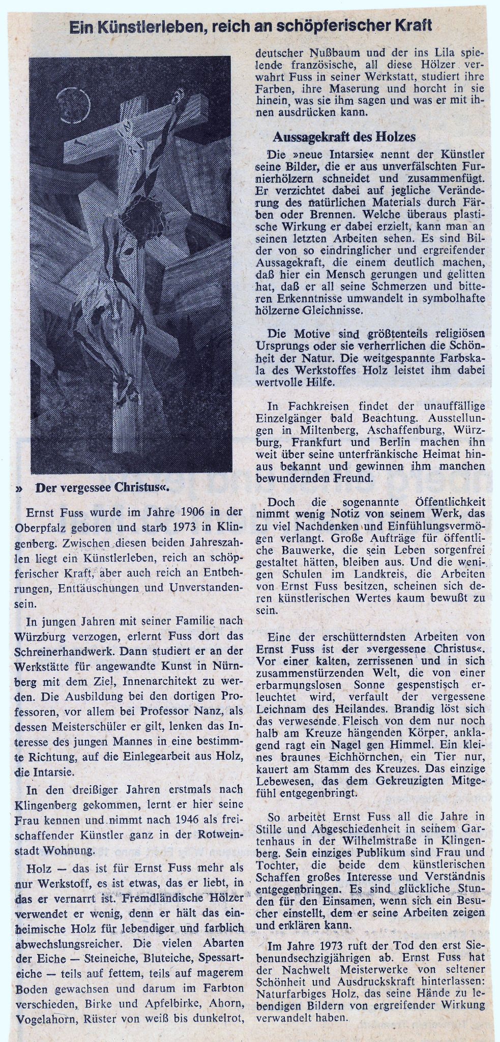 Zeitungsbericht zum Künstler Ernst Fuß