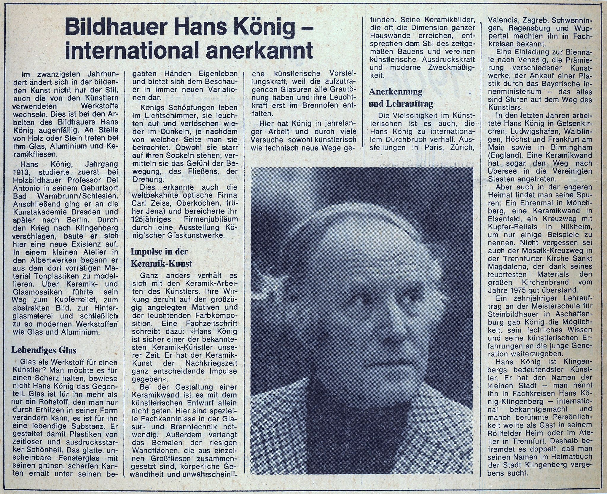 Zeitungsbericht zum Künstler Hans König