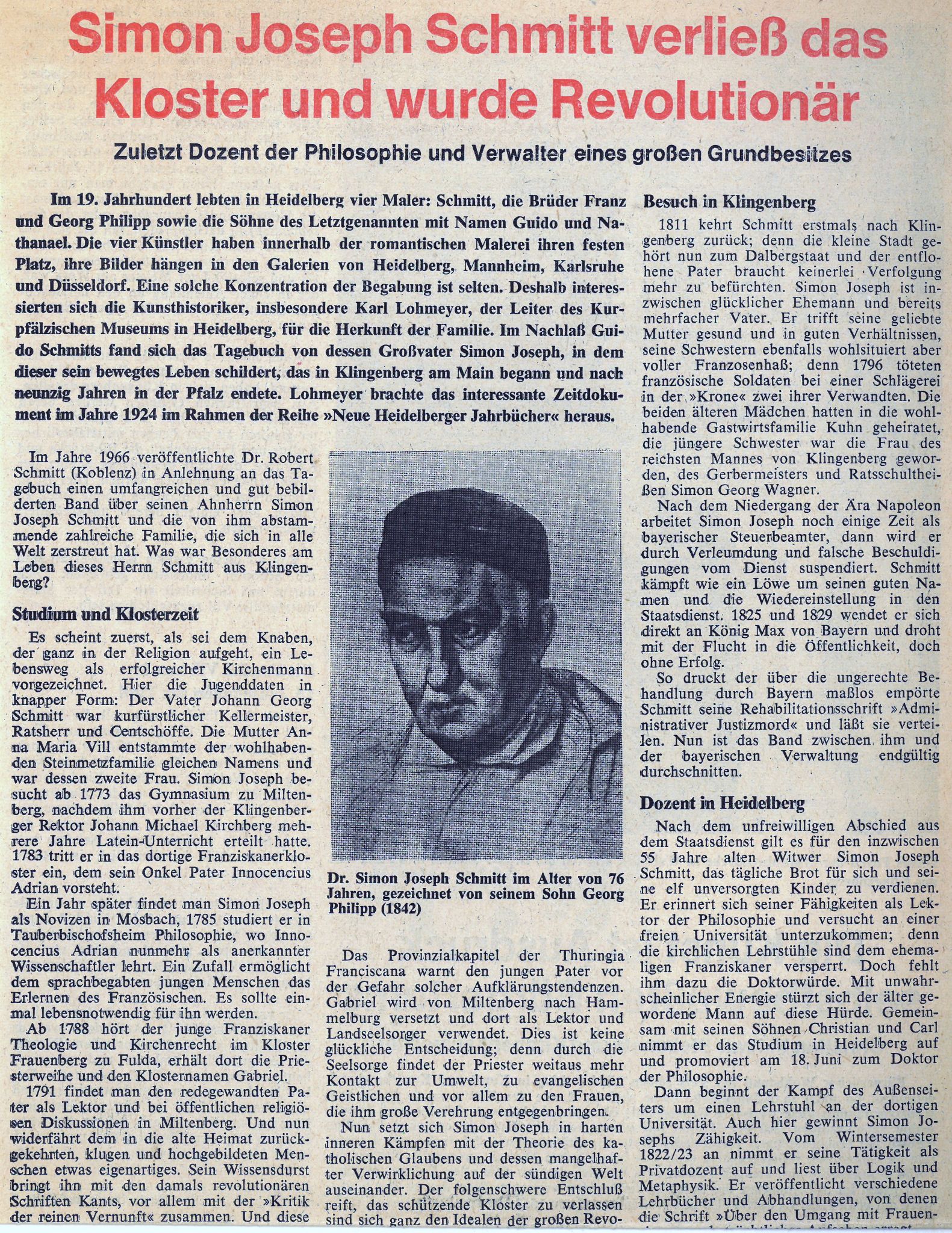 Zeitungsbericht zu Simon Josef Schmitt