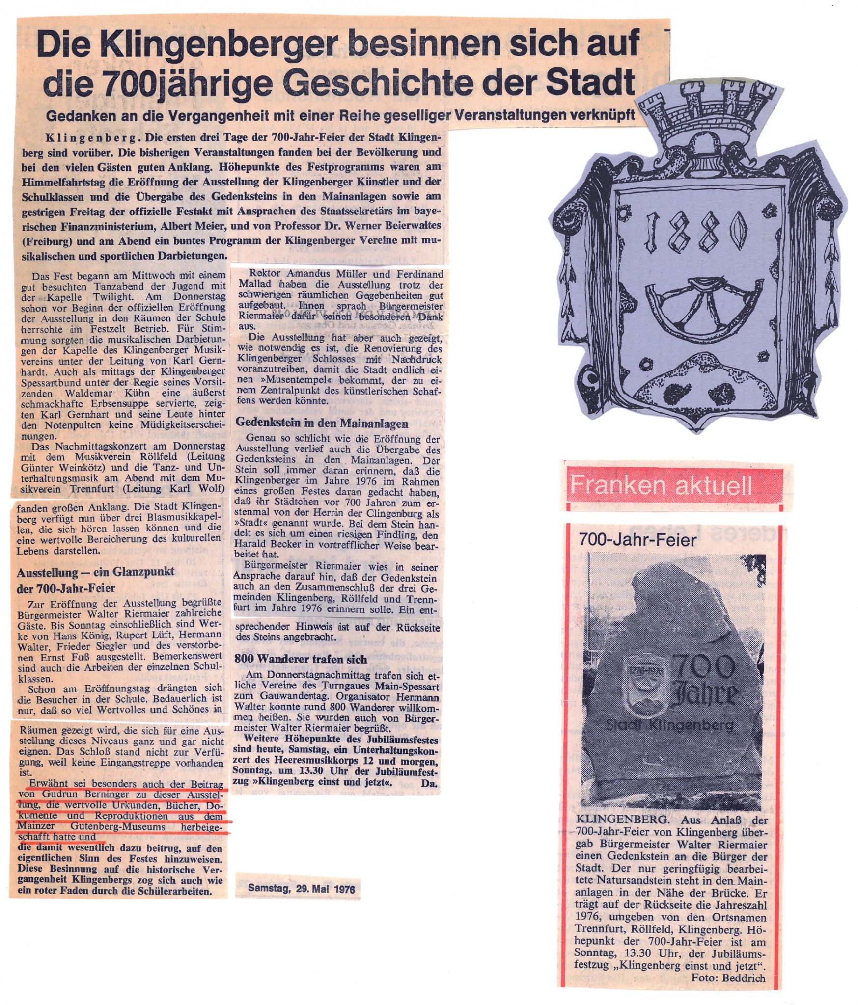 Zeitungsbericht zu Veranstaltungen im Rahmen des Jubiläumsjahres