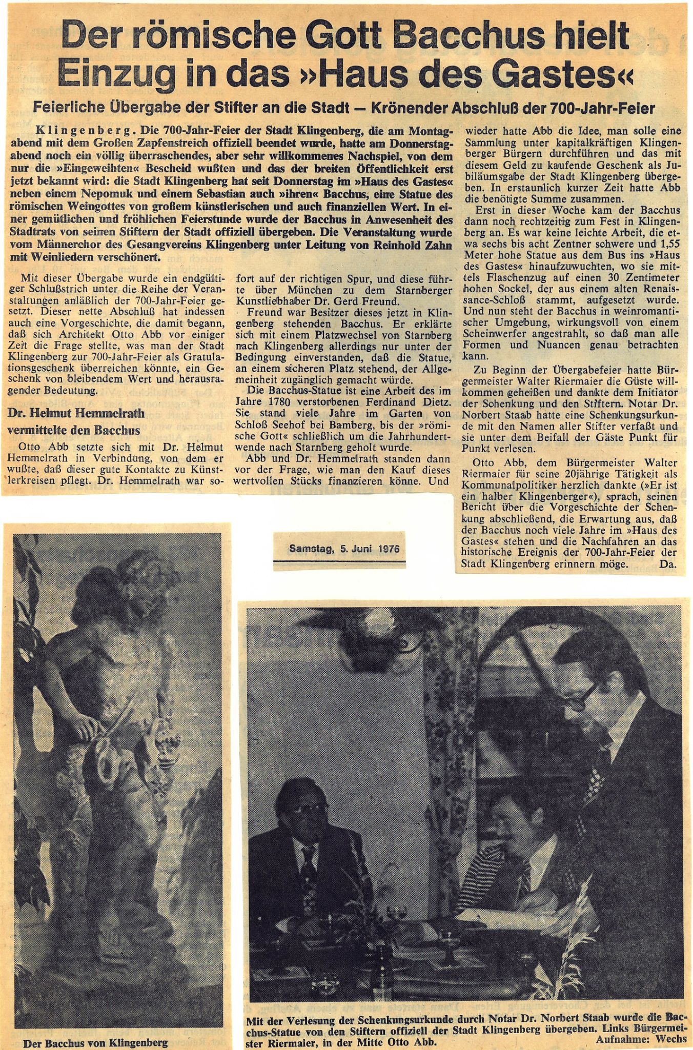 Zeitungsartikel Übergabe Bacchus