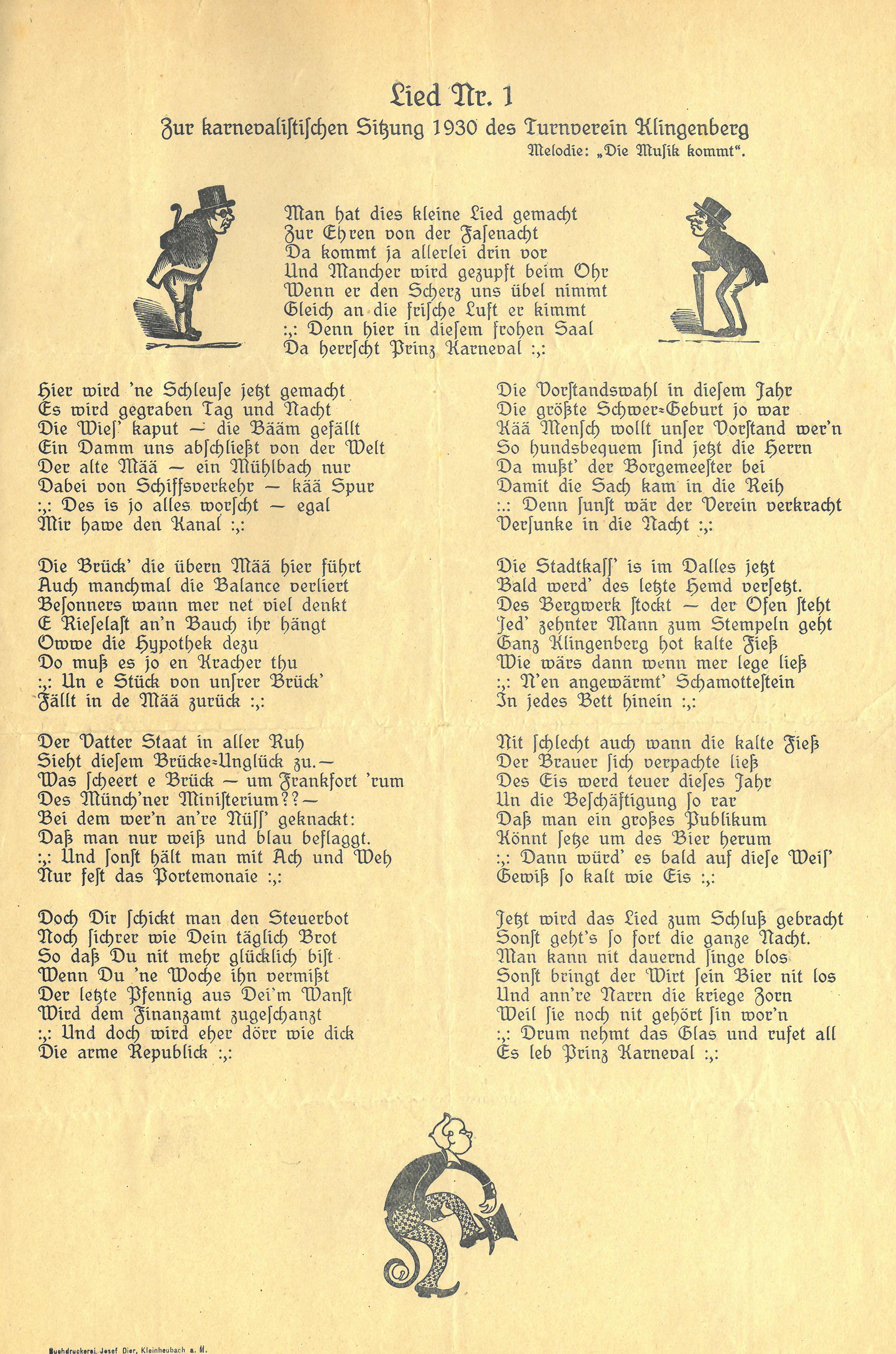 Lied zur karnevalistischen Sitzung des Turnvereins 1930
