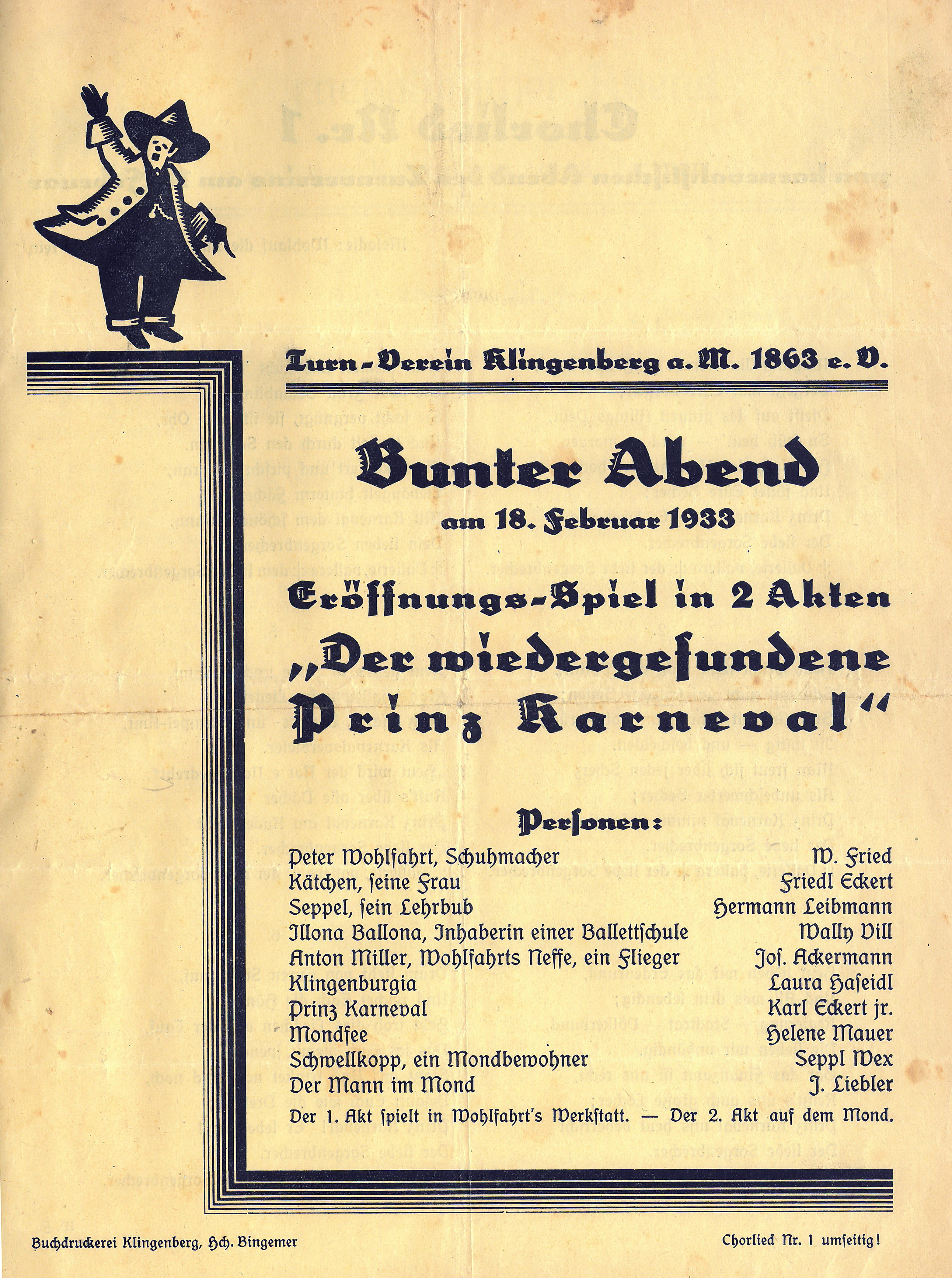 Programm zum bunten Abend beim Turnverein Klingenberg