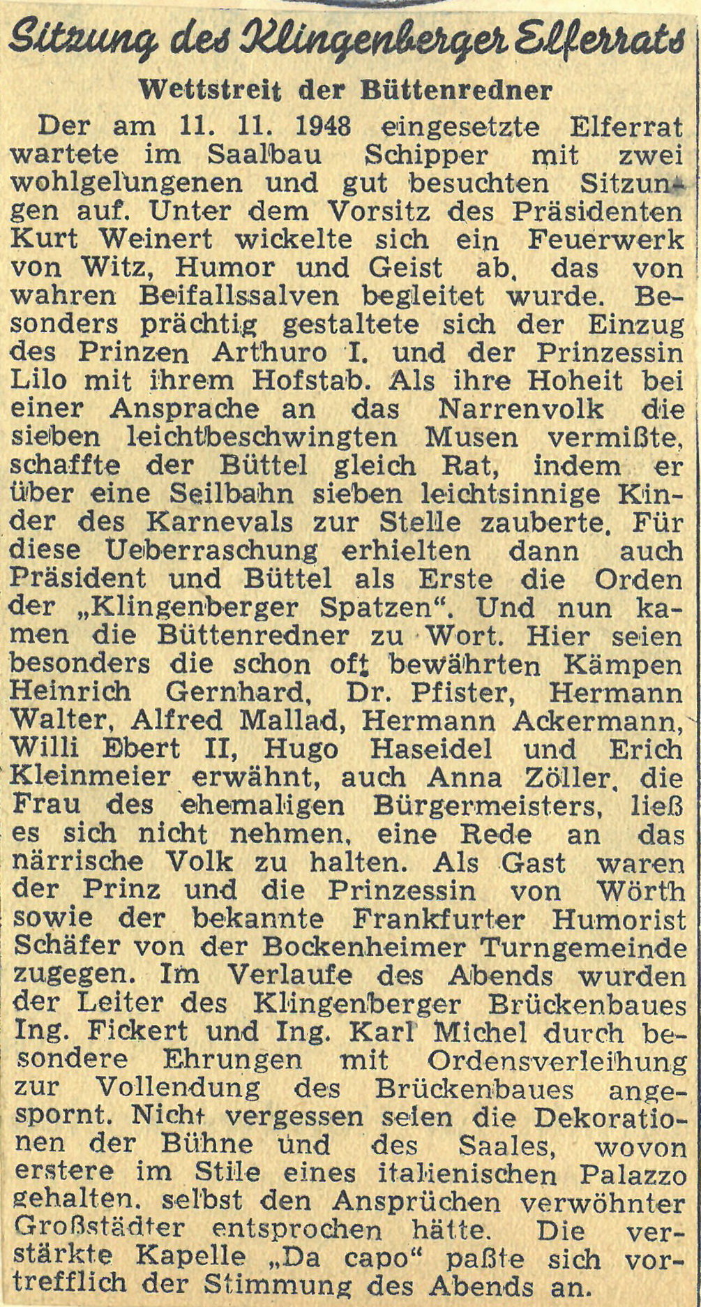 Zeitungsbericht zur Sitzung des Klingenberger Elferrats 1948