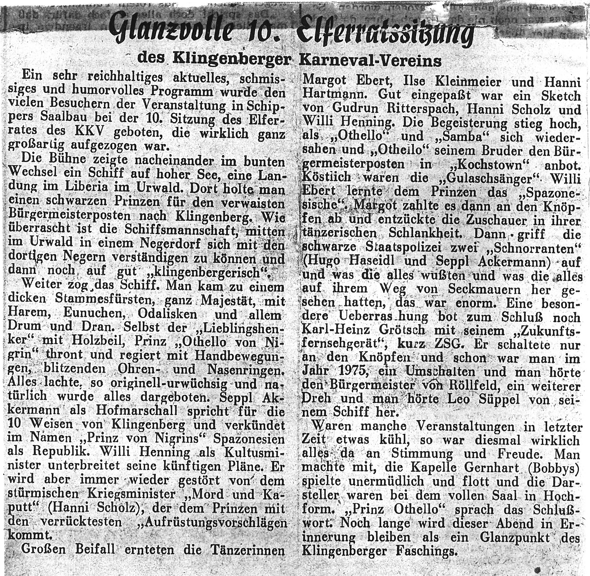 Zeitungsbericht zur Elferratssitzung 1950