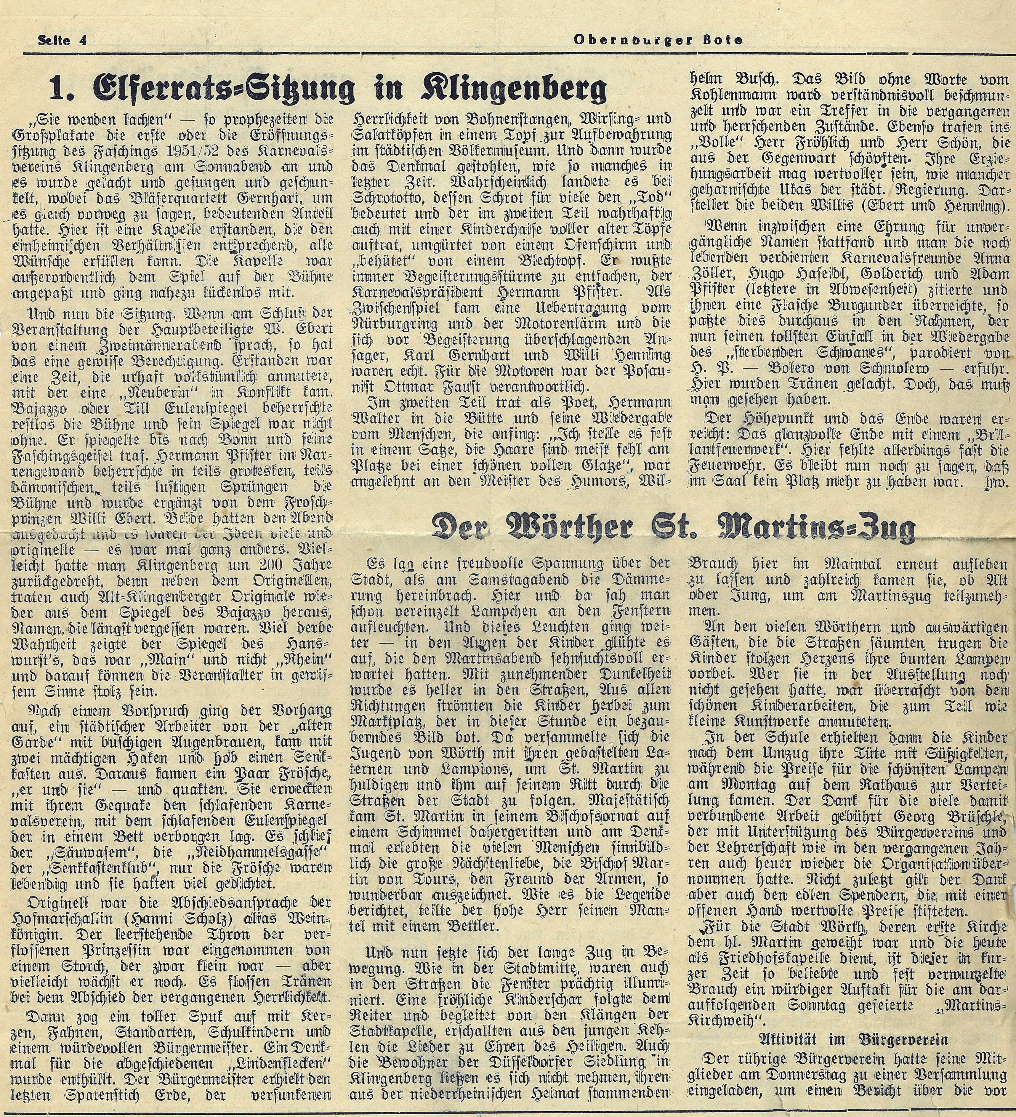 Zeitungsbericht zur Elferratssitzung 1951