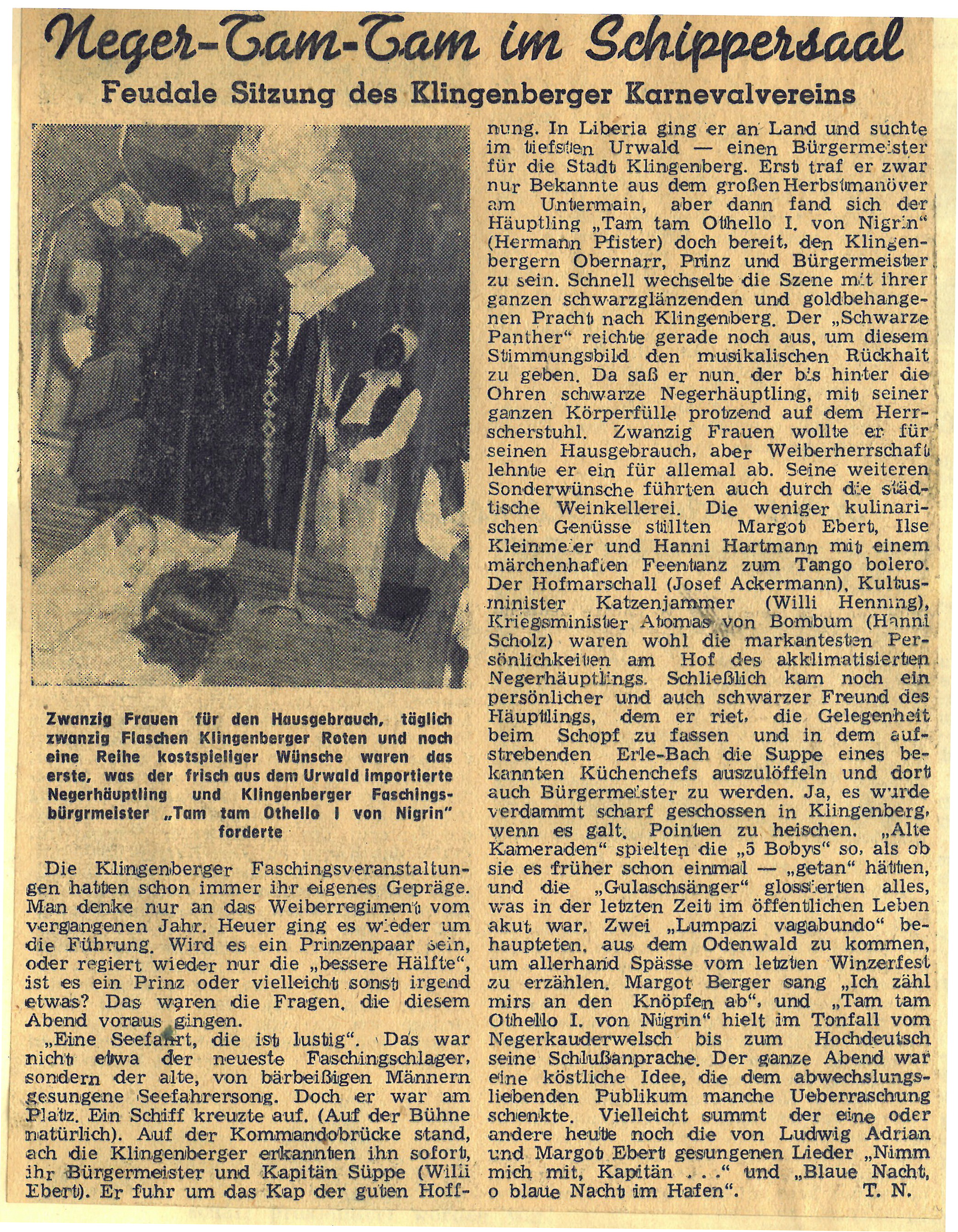 Zeitungsbericht zur Sitzung des Klingenberger Karnevalvereins 1951