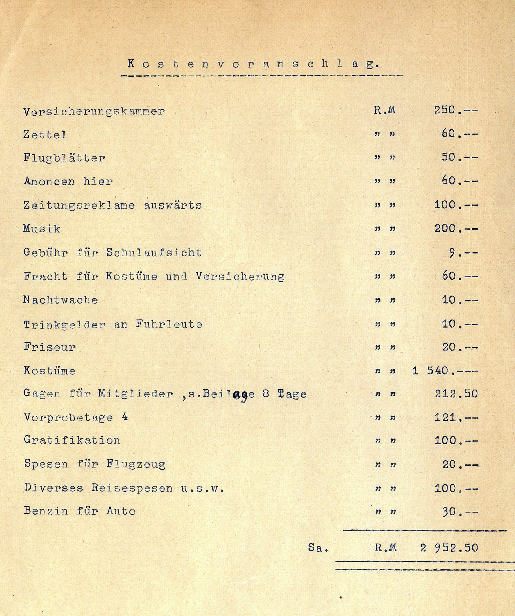 Kostenvoranschlag für die Freilichtfestspiele