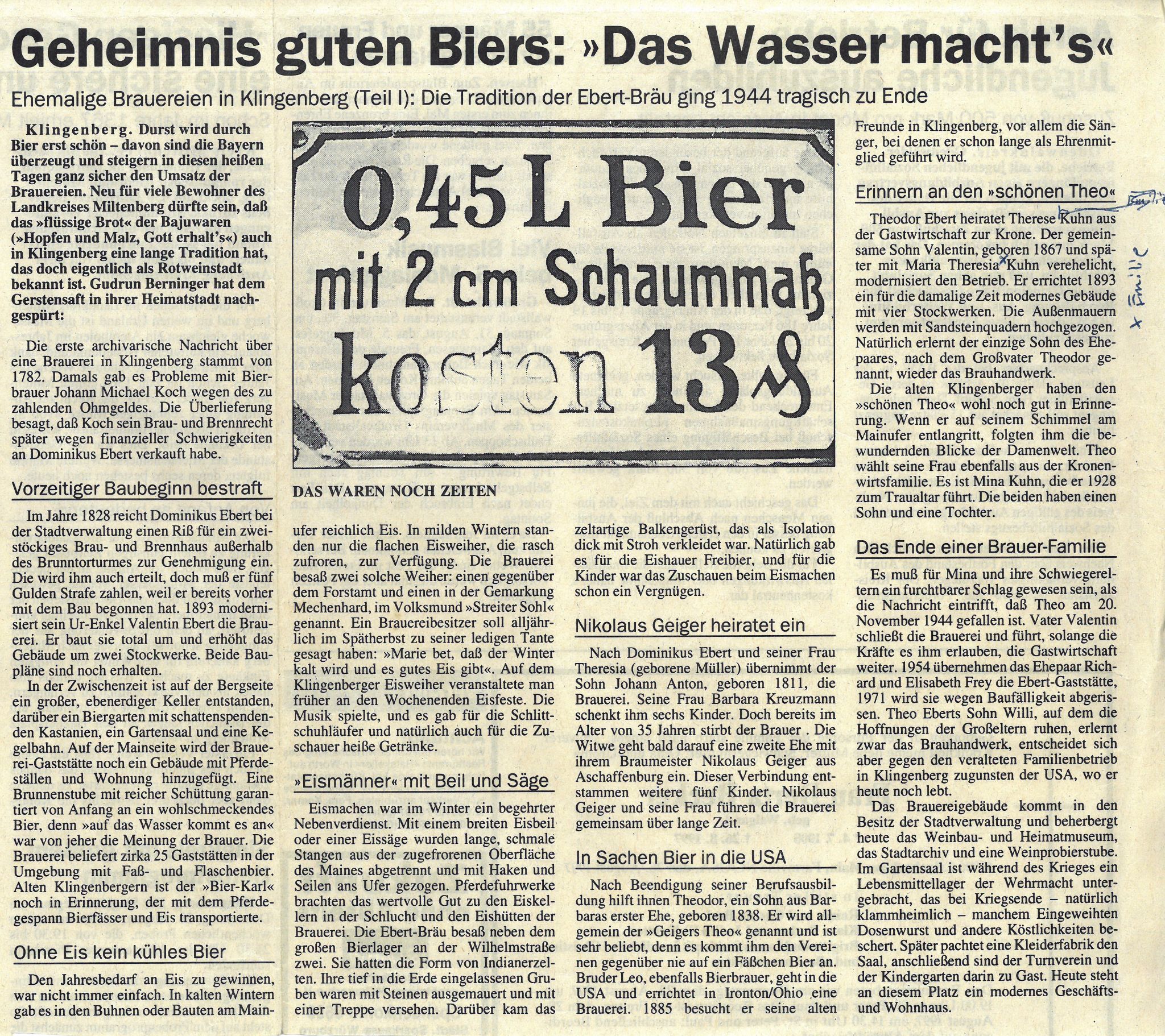 Zeitungsbericht zur Brauerei Ebert