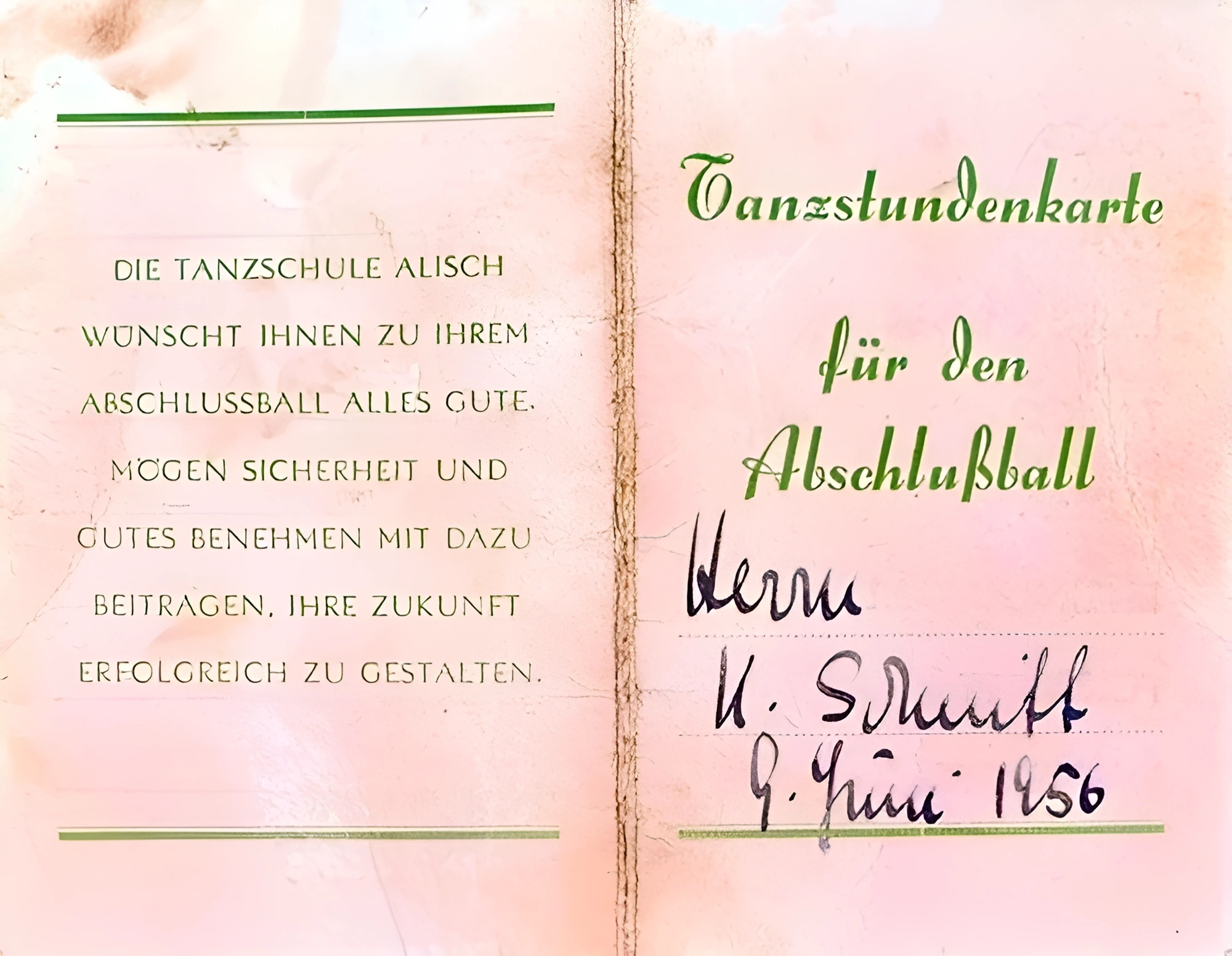 Tanzstundenkarte der Tanzschule Alisch 1956