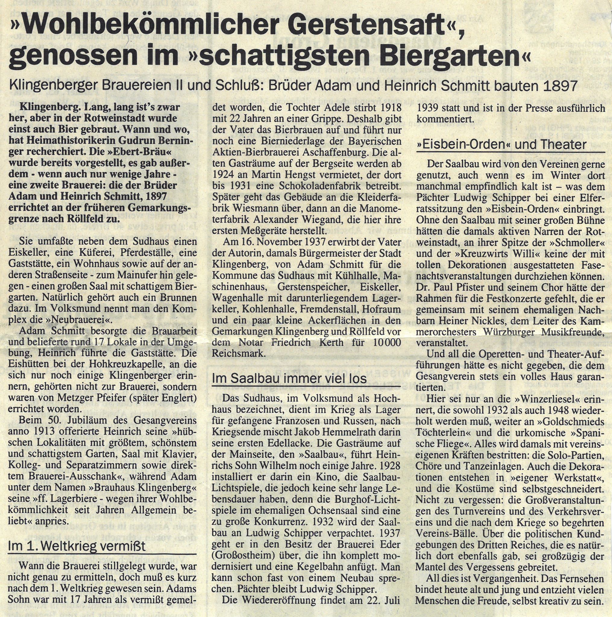 Zeitungsbericht zur Brauerei Schmitt