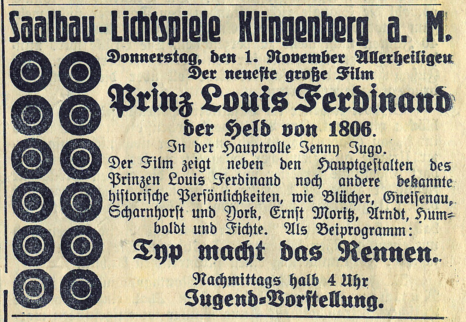 Programmankündigung der "Saalbau-Lichtspiele"