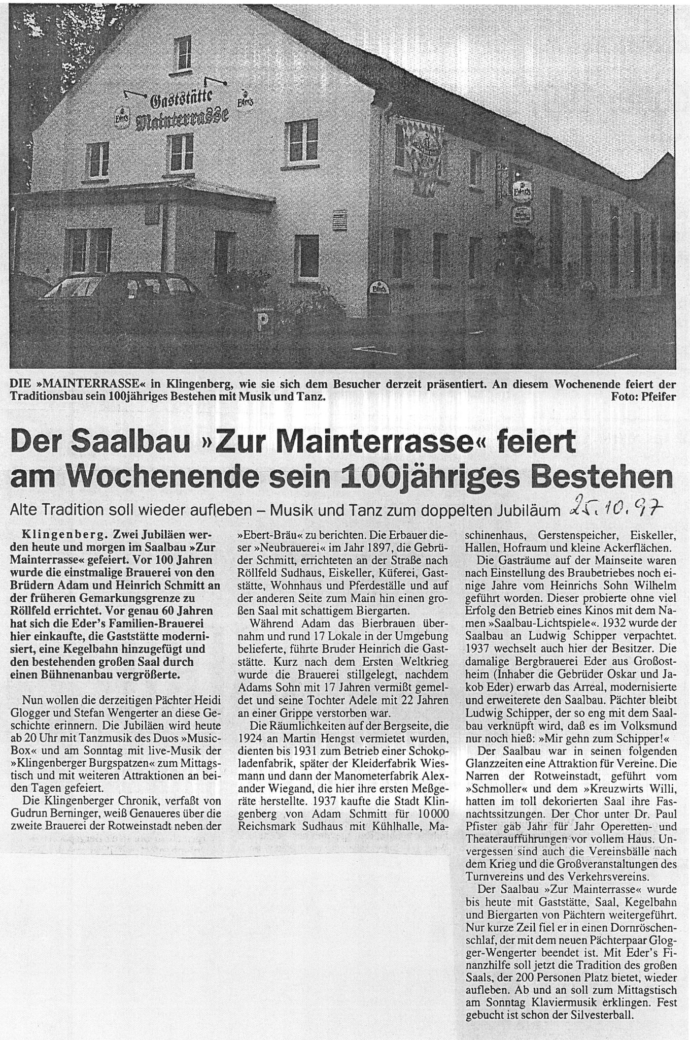 Zeitungsartikel zum 100jähren Bestehen der Mainterrasse