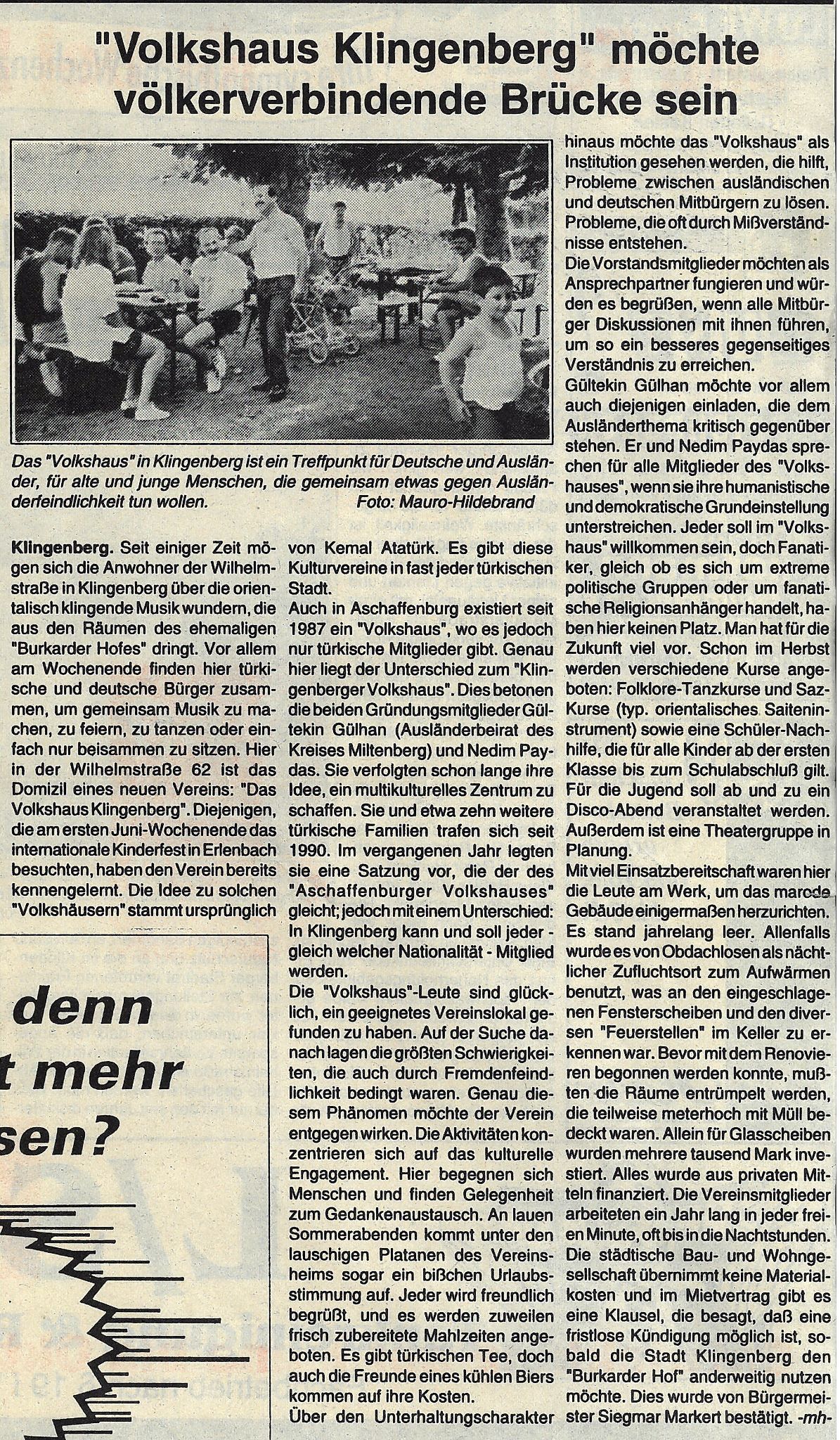 Zeitungsartikel des Vereins "Volkshaus Klingenberg"