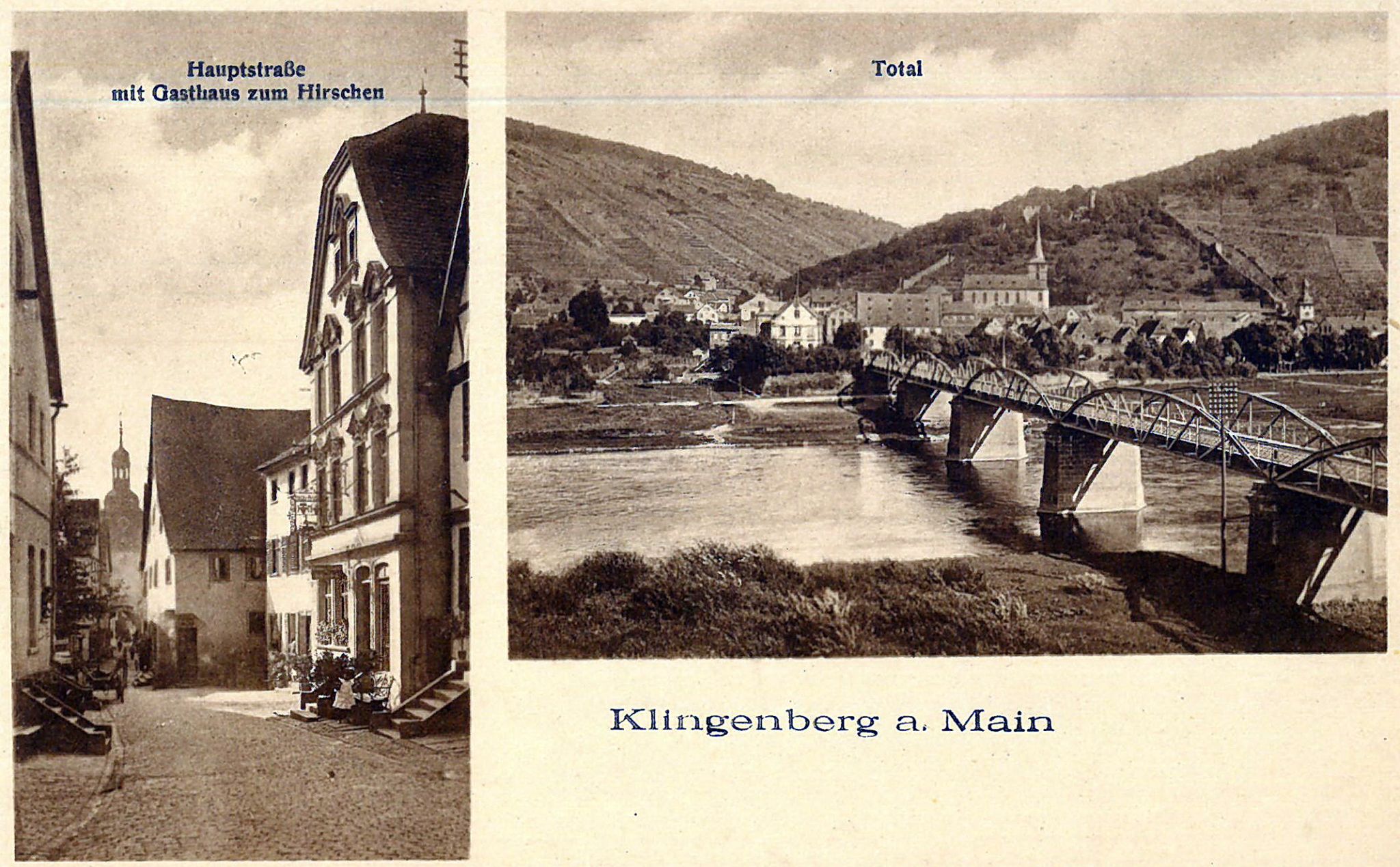 Ansichtskarte der Stadt mit Hauptstraße und Gasthaus zum Hirschen