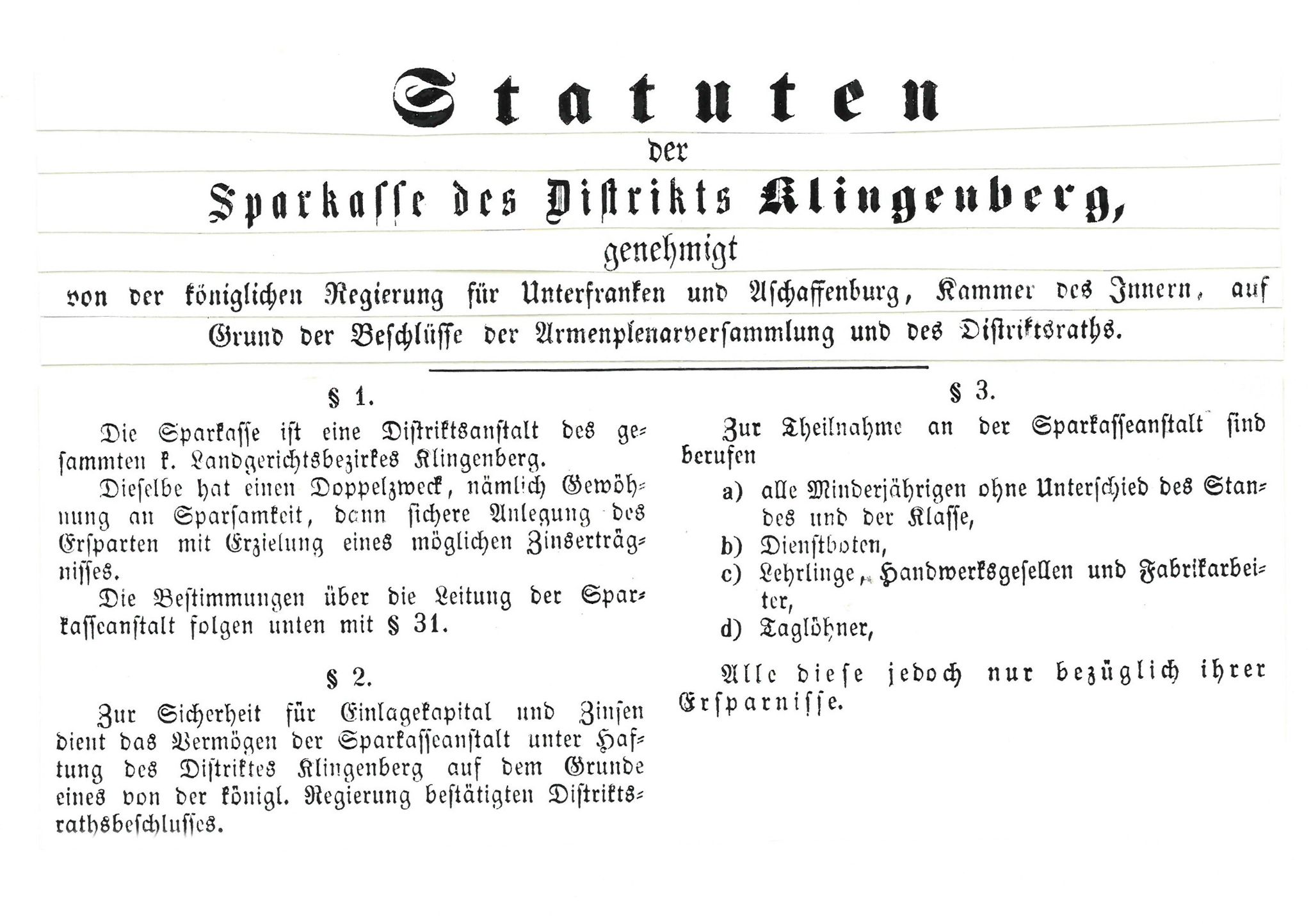 Die einstigen Statuten der Sparkasse Klingenberg