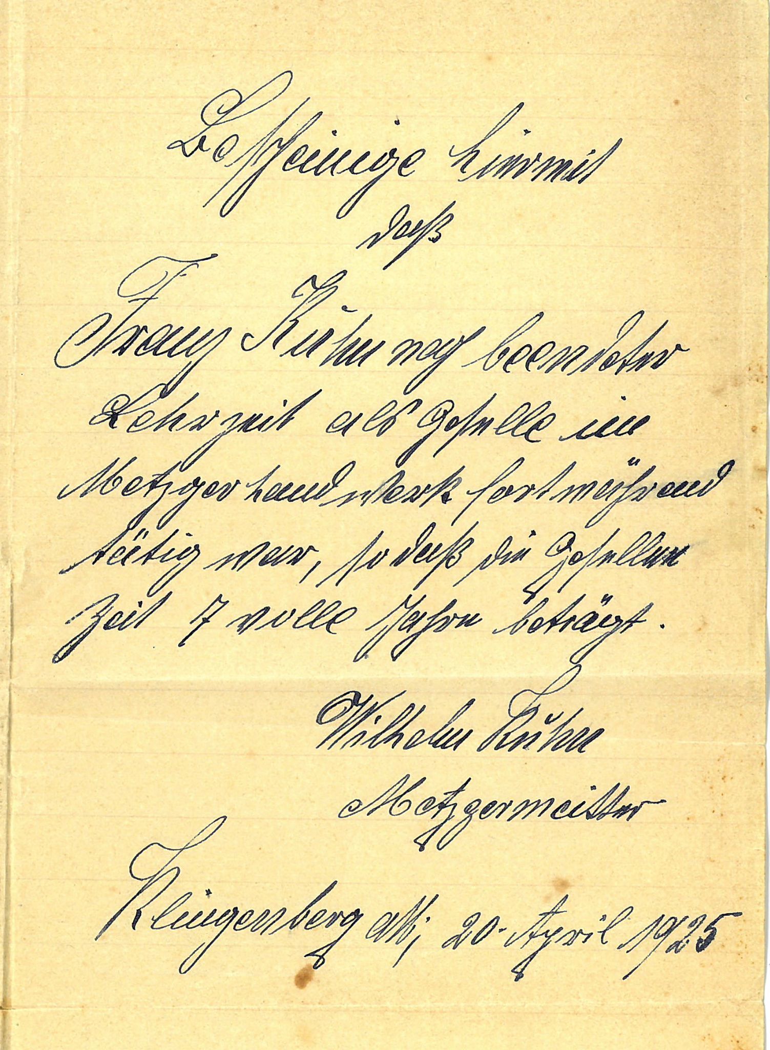 Bescheinigung über die Gesellenzeit von Franz Kuhn