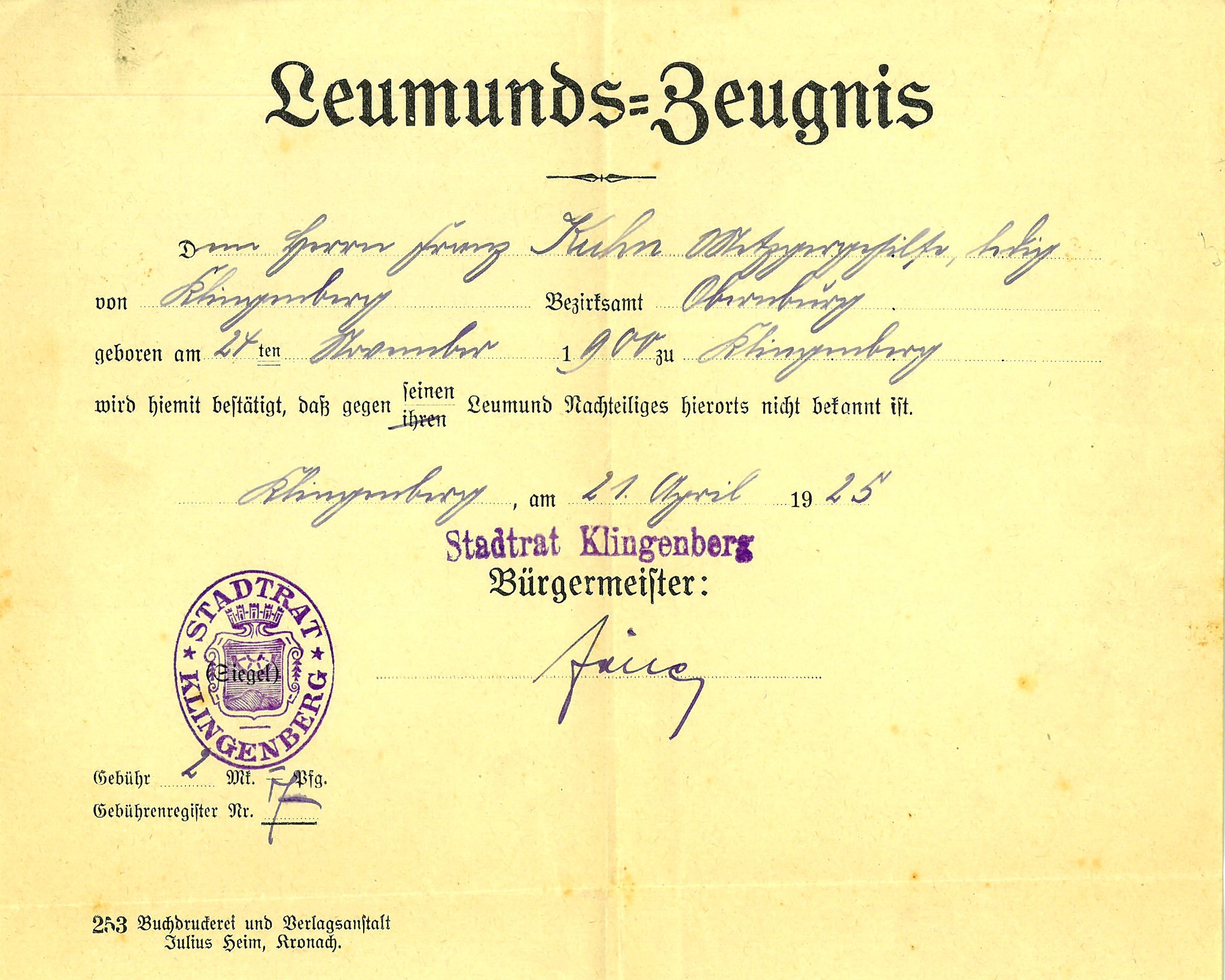 Leumundszeugnis für Franz Kuhn