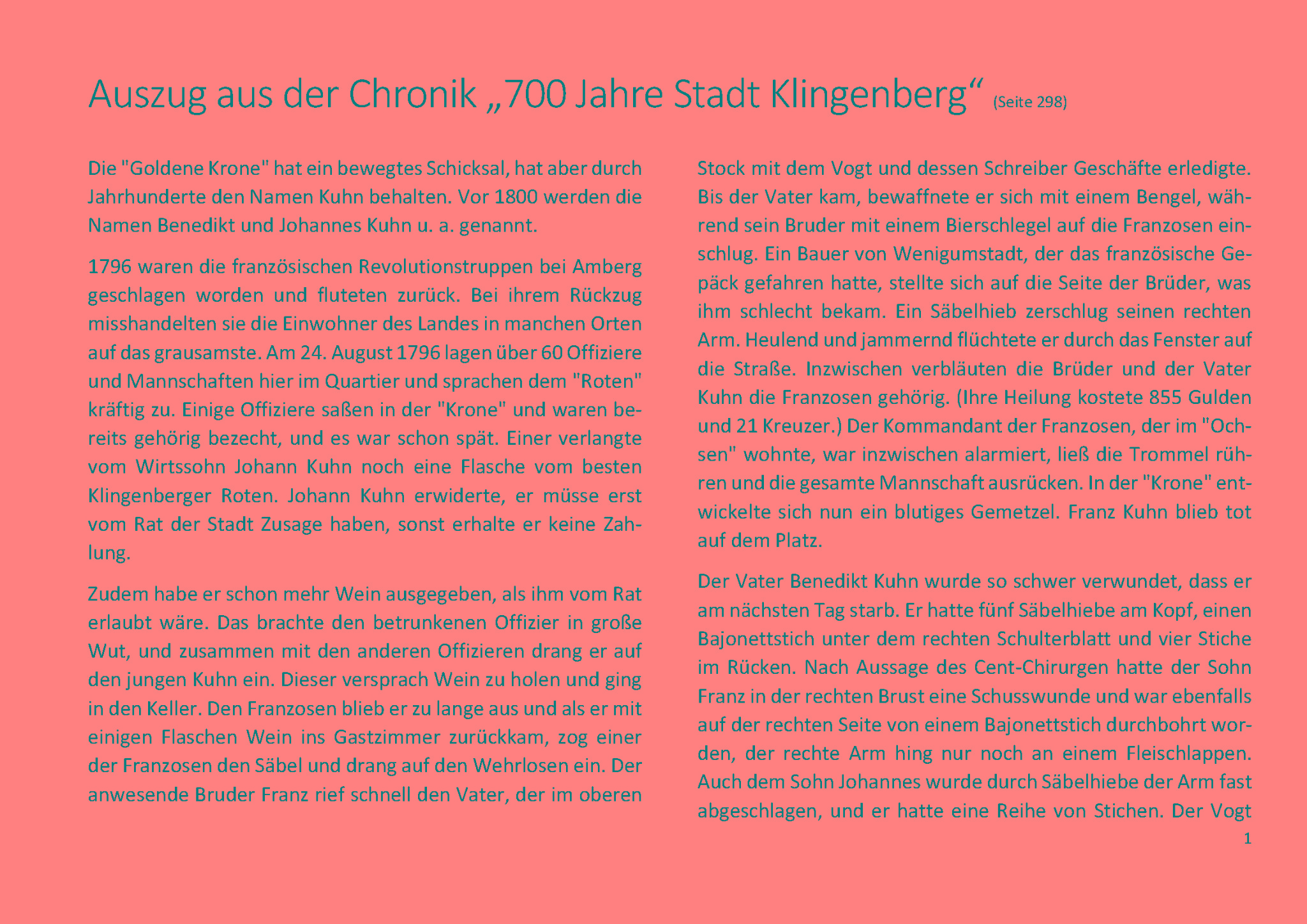 Auszug aus der Chronik "700 Jahre Stadt Klingenberg" zum Gasthaus Krone