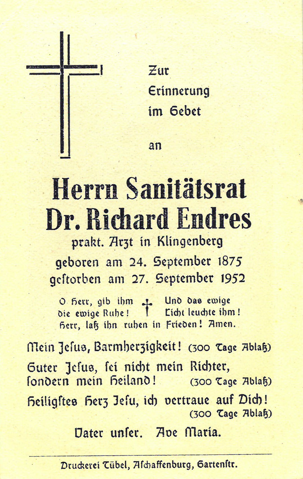 Sterbebildchen Sanitätsrat Dr. Richard Endres
