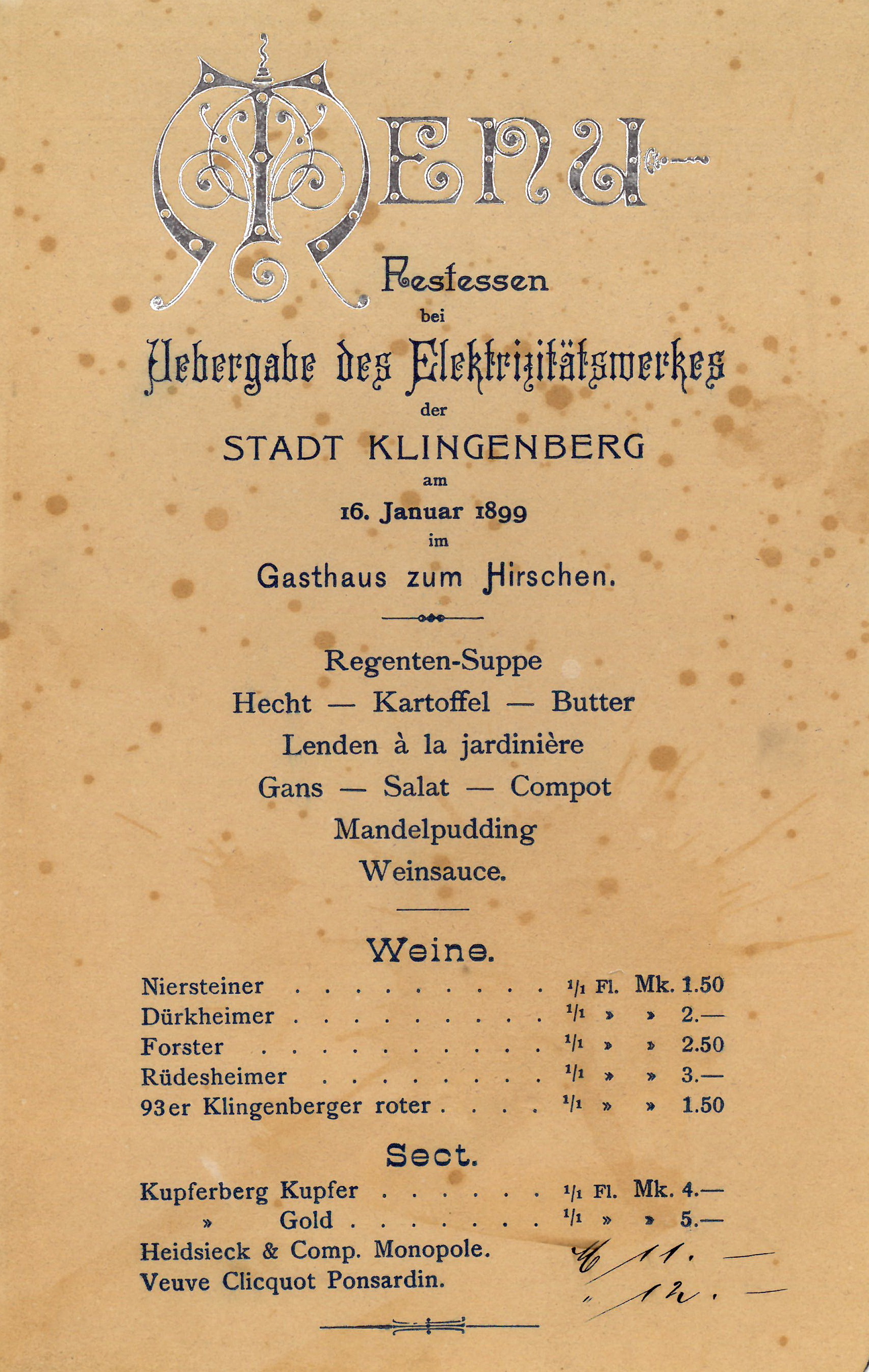 Speisekarte anl. der Einweihung des Elektrizitätswerkes von 1899