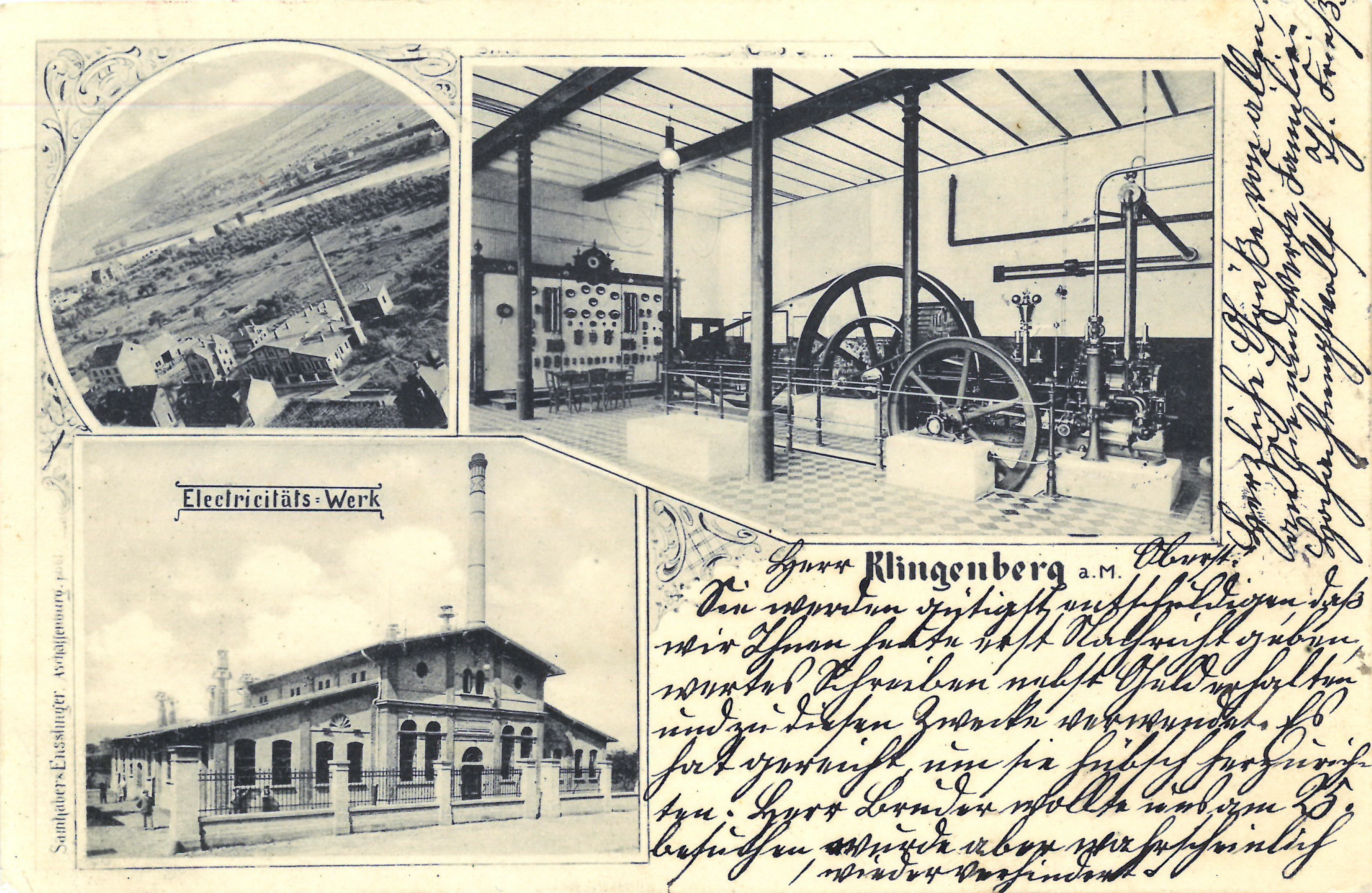 Ansichtskarte des Maschinenraums von 1900 mit Handschrift