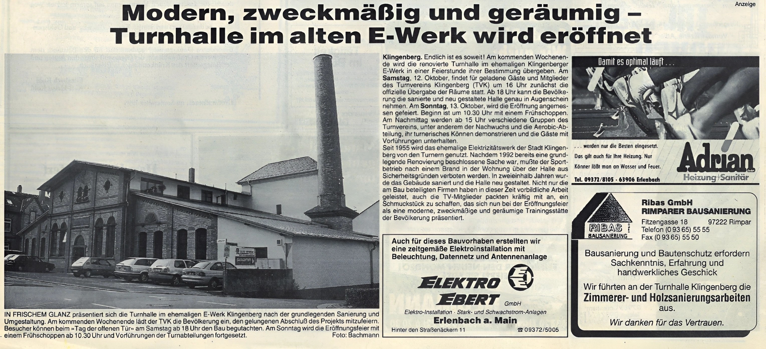 Zeitungsbericht zur Eröffnung der neu sanierten Turnhalle 1994