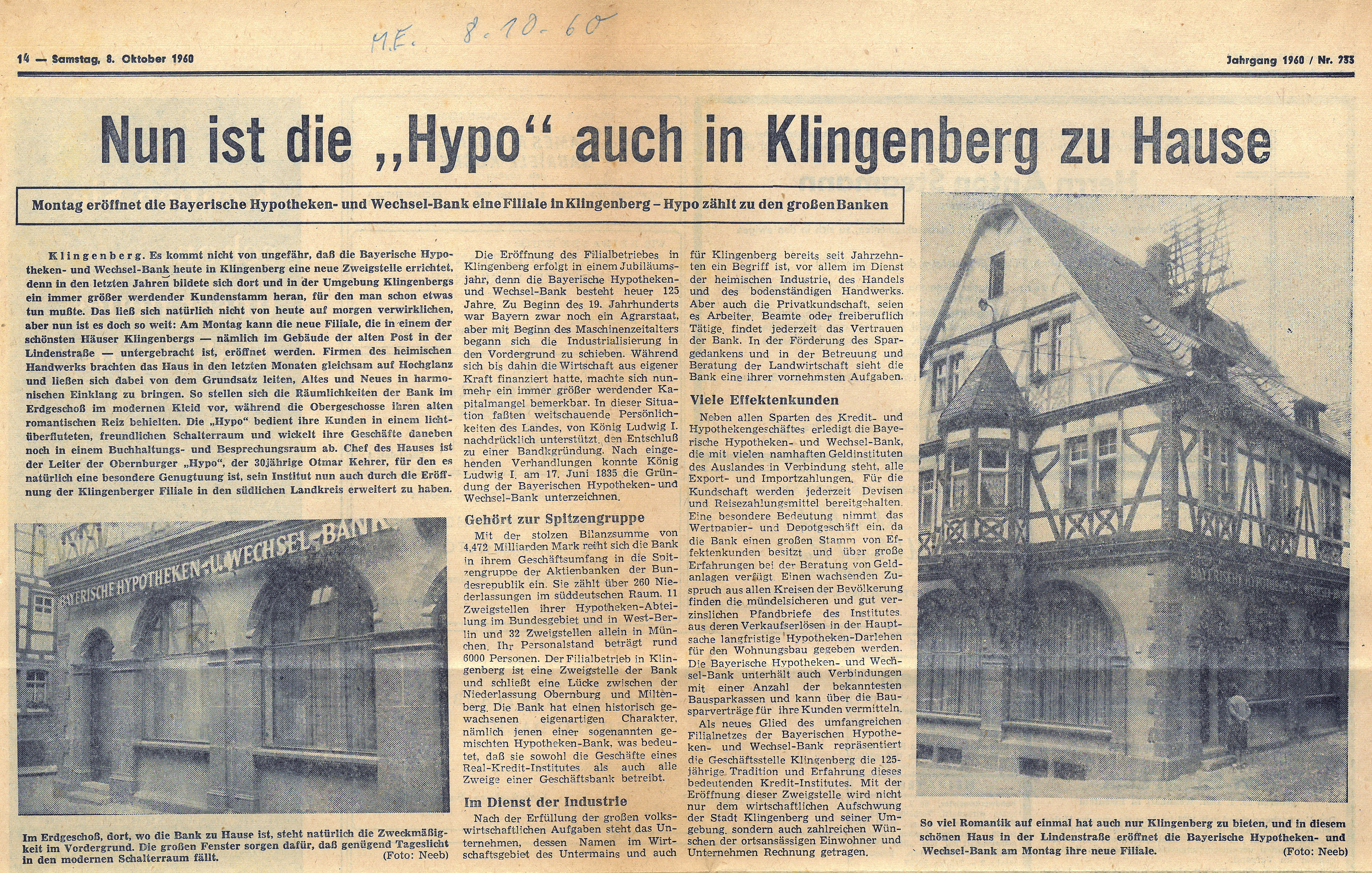 Zeitungsartikel zur neu eröffneten Filiale der "Hypobank"