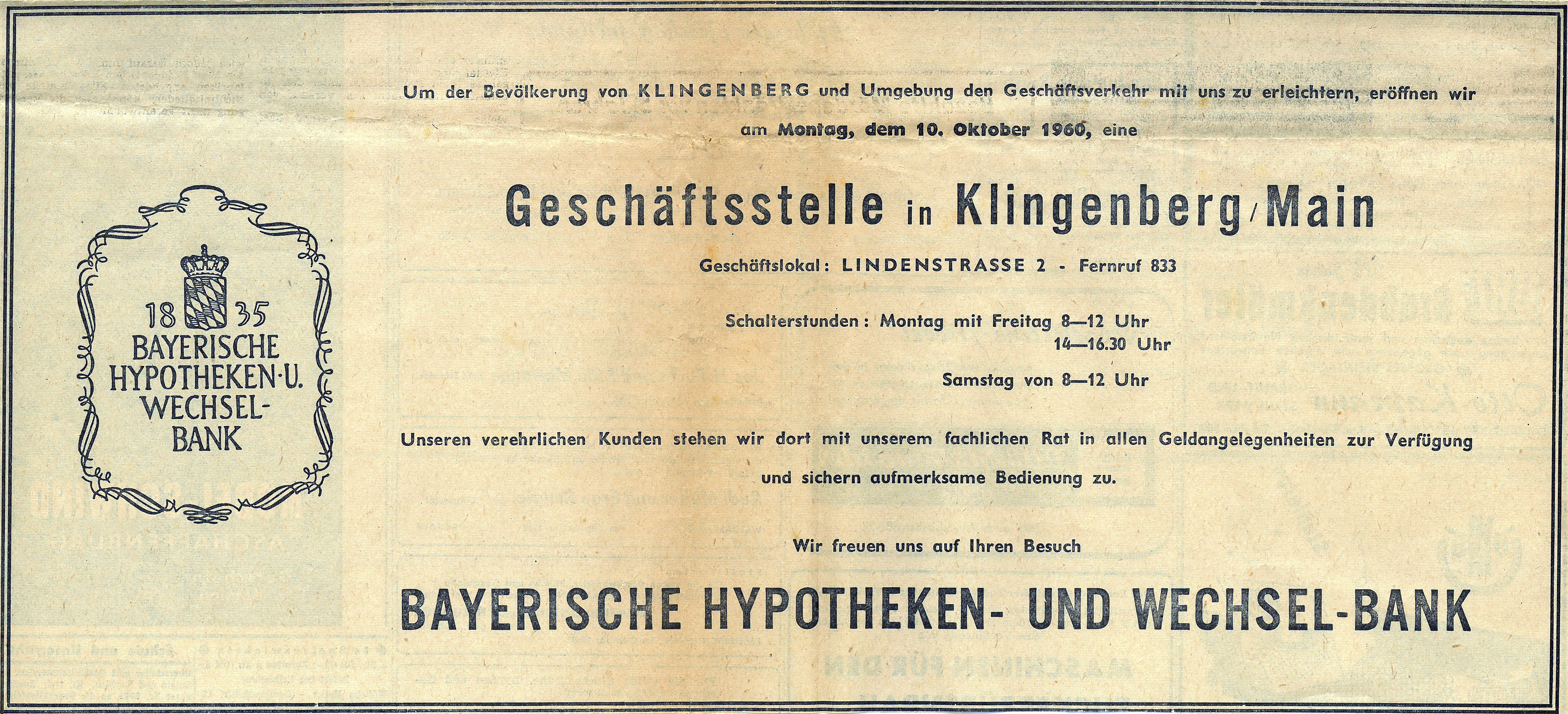 Zeitungsanzeige zur neu eröffneten Filiale der "Hypobank"