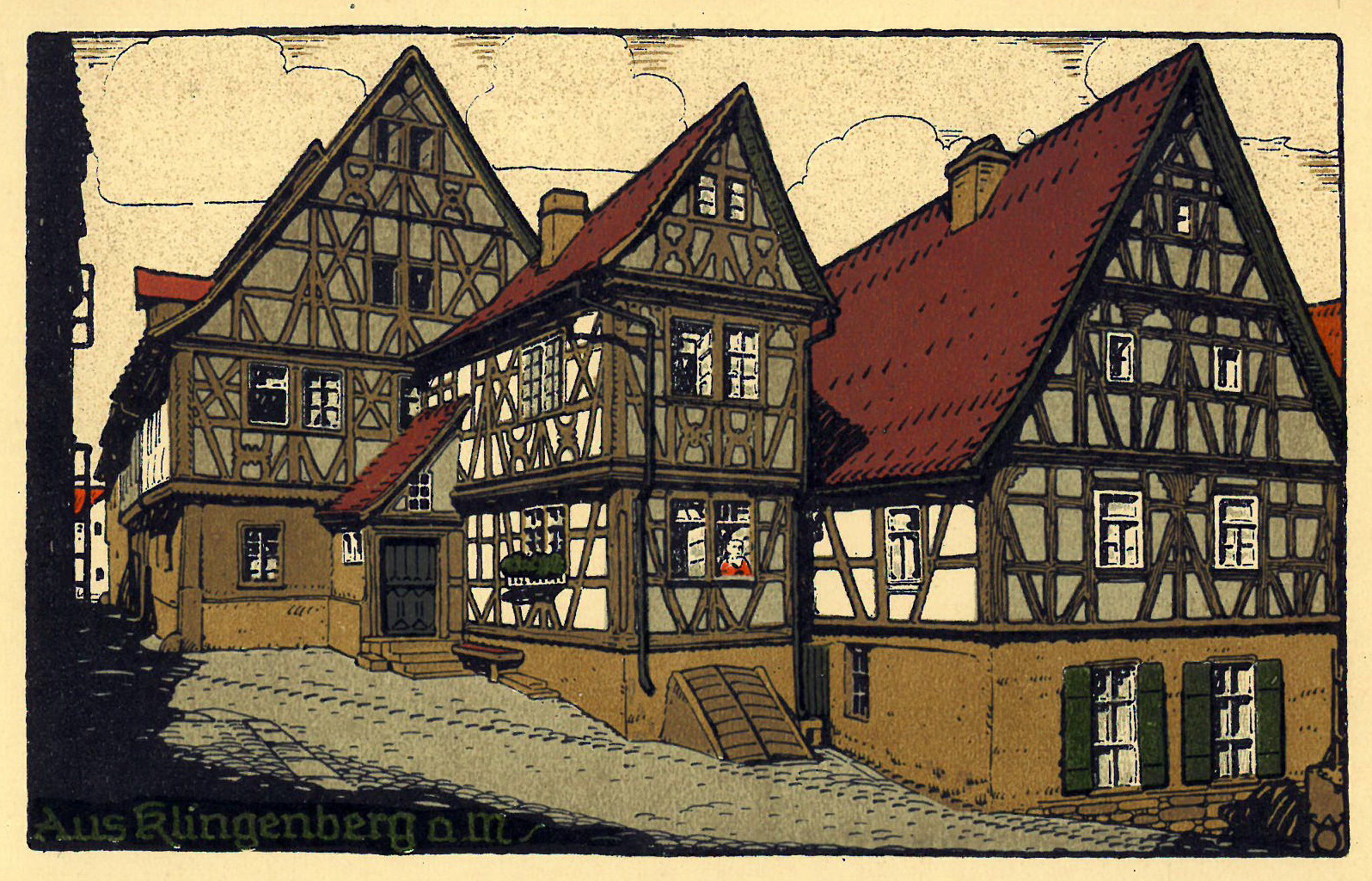 Steindruck des Fachwerkensembles der Kirchenstraße 2 und 2a