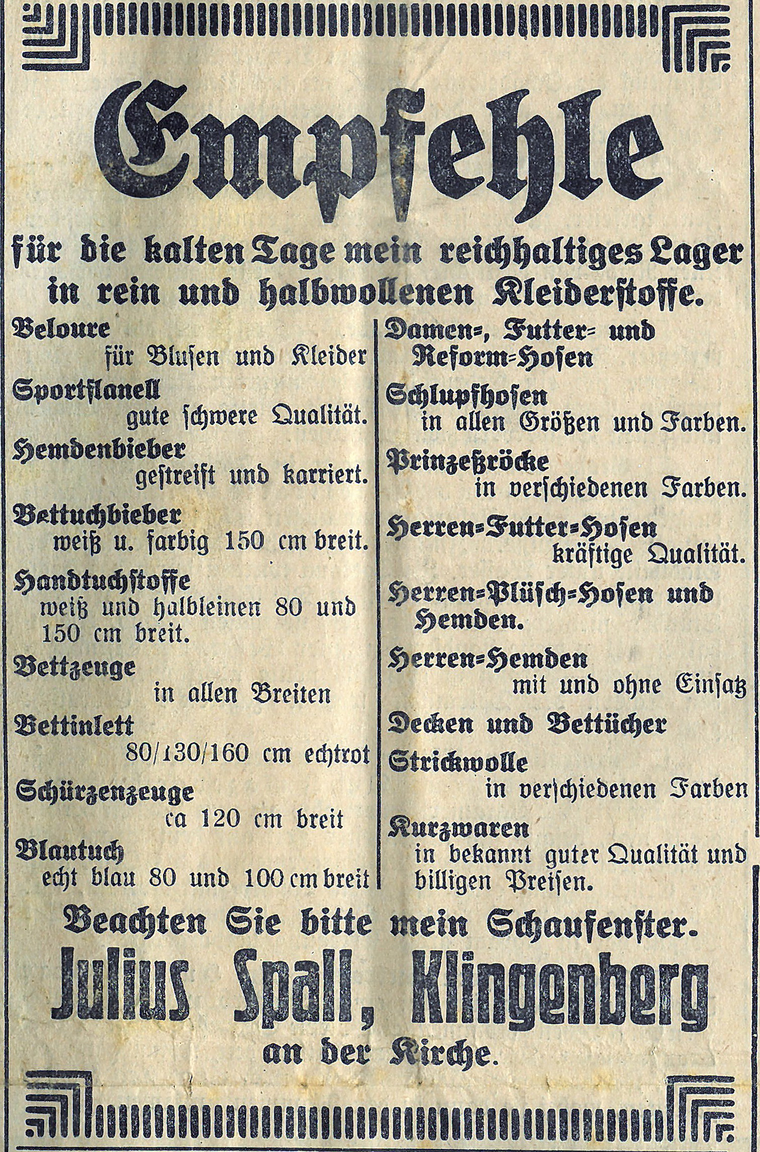 Zeitungsanzeige aus dem Klingenberger Tagblatt vom 31.10.1928