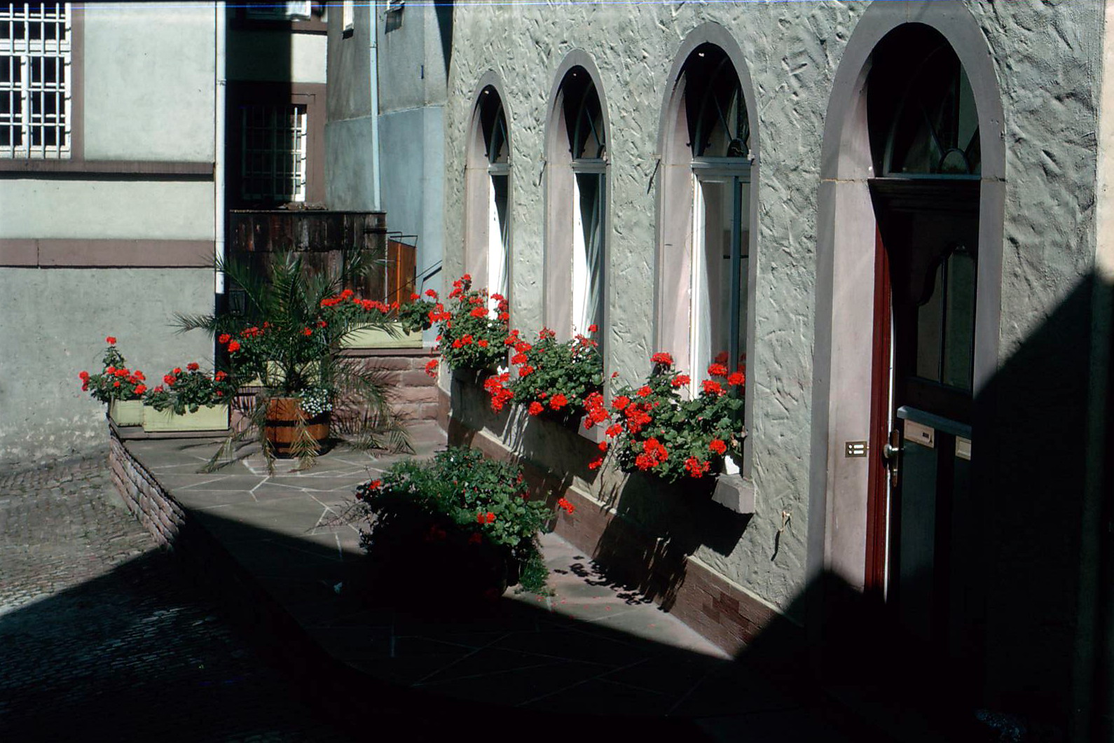 Blumenschmuck an den Fenstern im Erdgeschoss