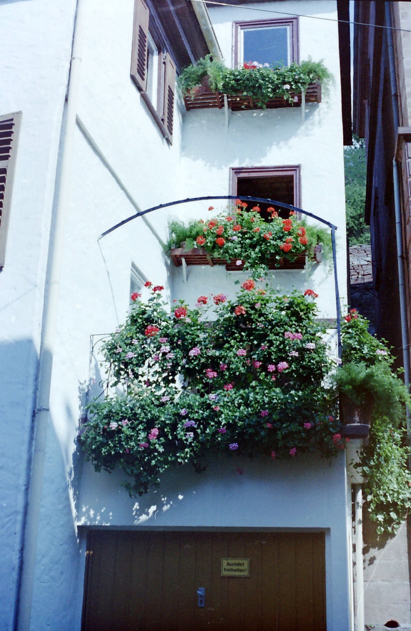 Blumenschmuck am Treppenhaus im Jahr 1985