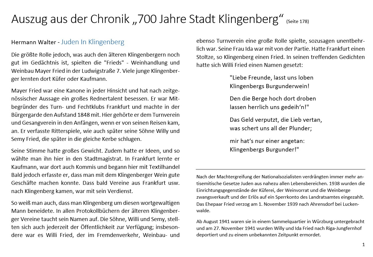 Auszug aus der Chronik zur Geschichte der jüdischen Familie Fried