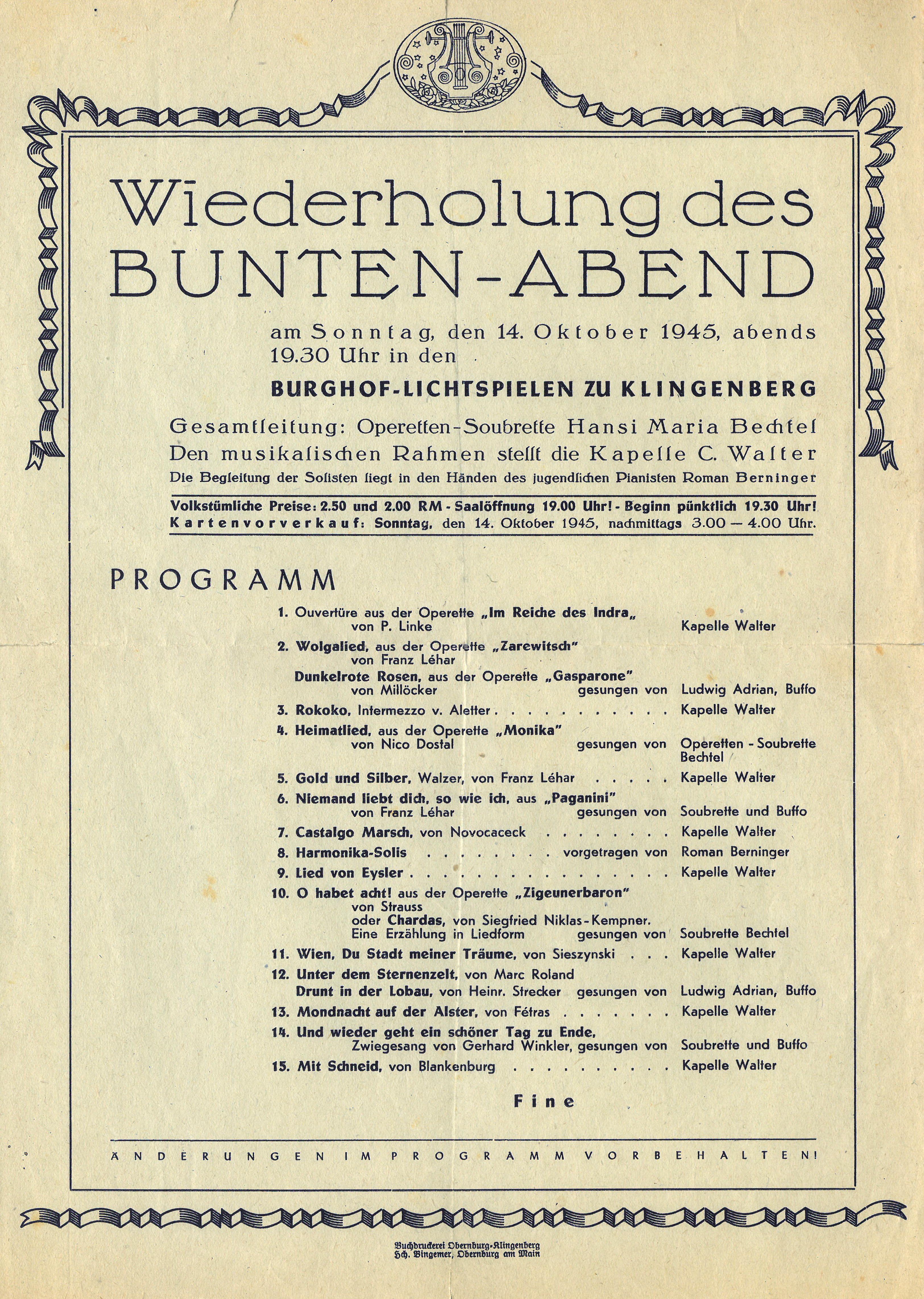 Programmblatt für den "Bunten Abend"