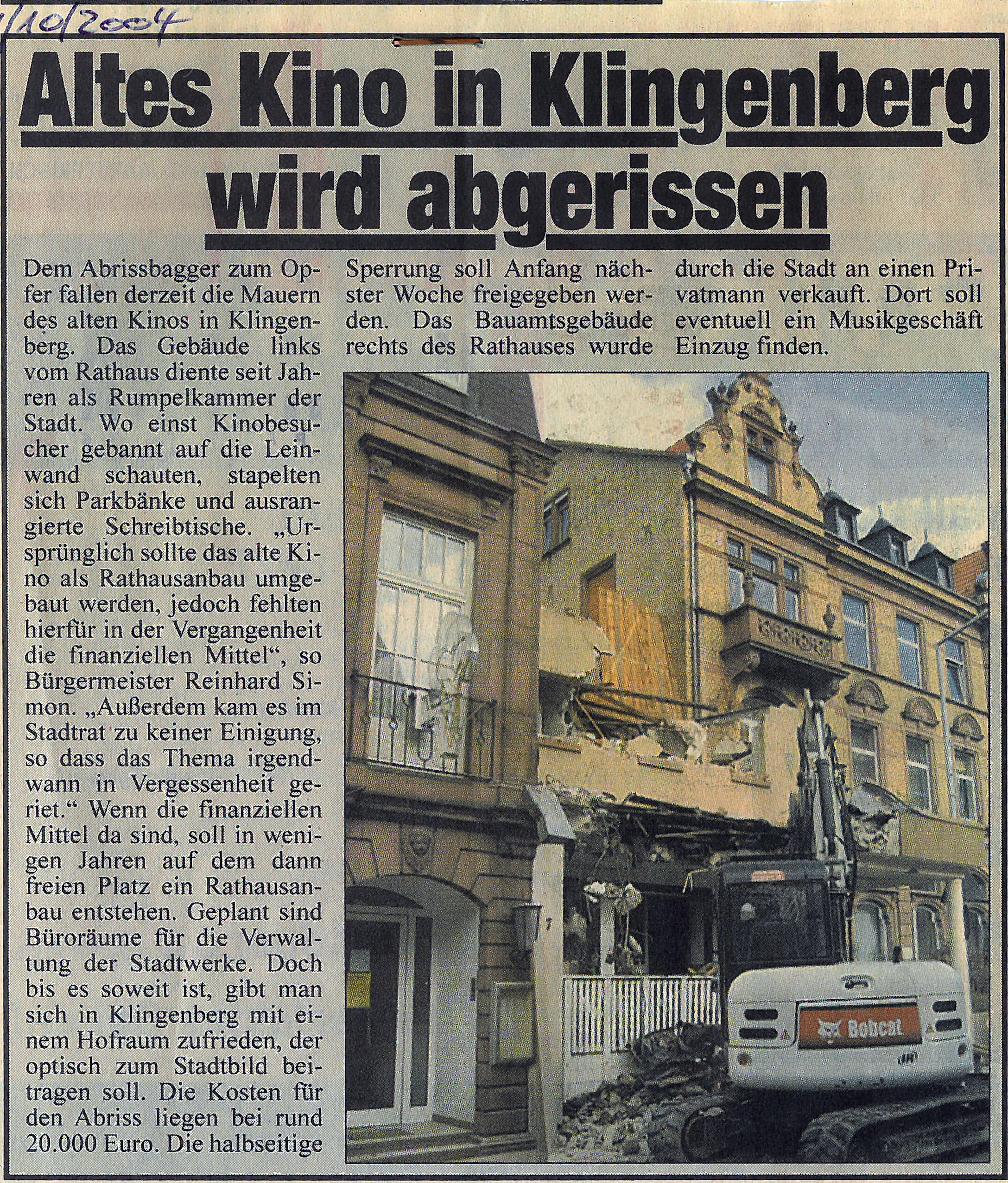 Zeitungsartikel zum Abriss des alten Kinos
