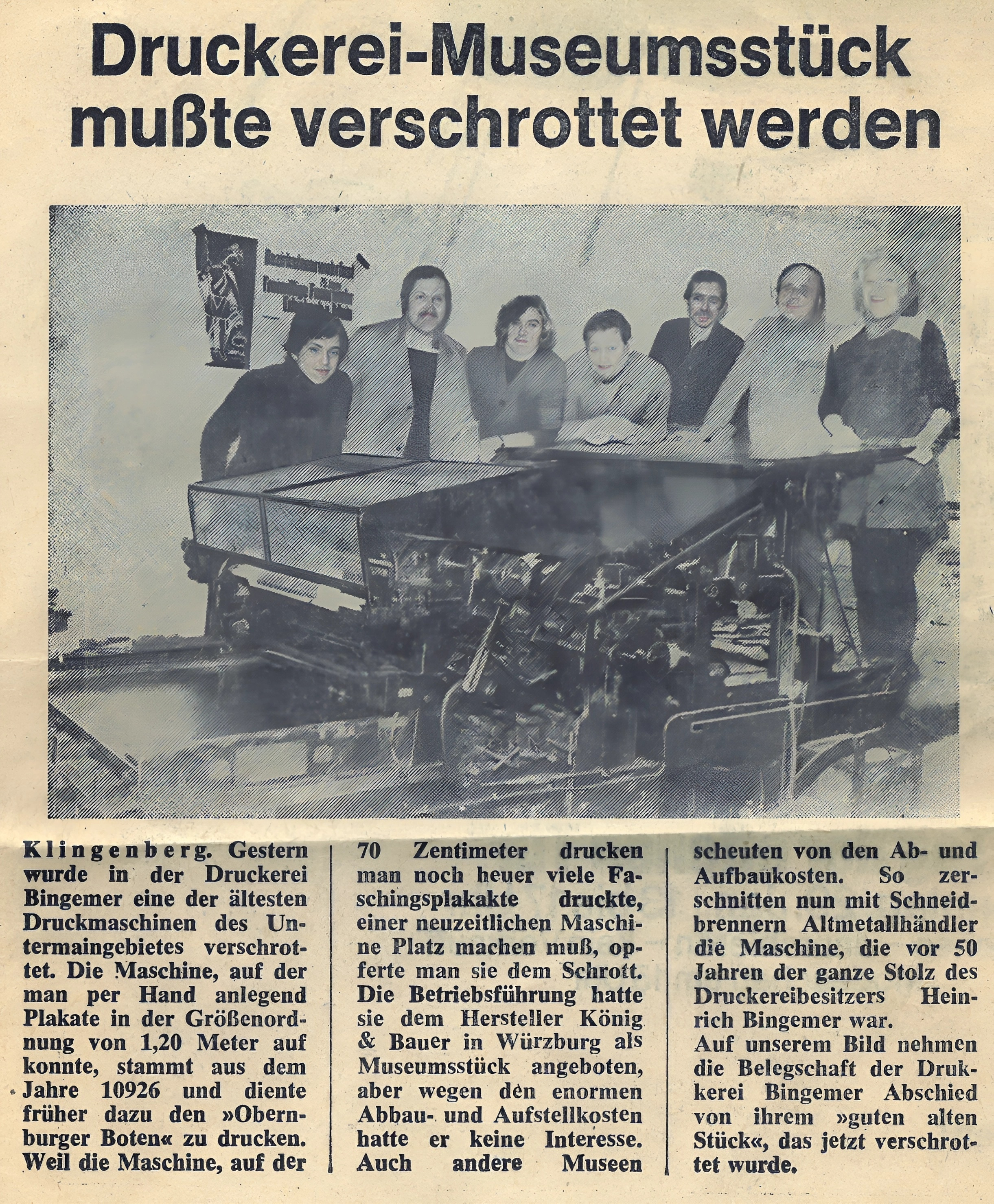 Zeitungsartikel zur Verschrottung einer Druckmaschine