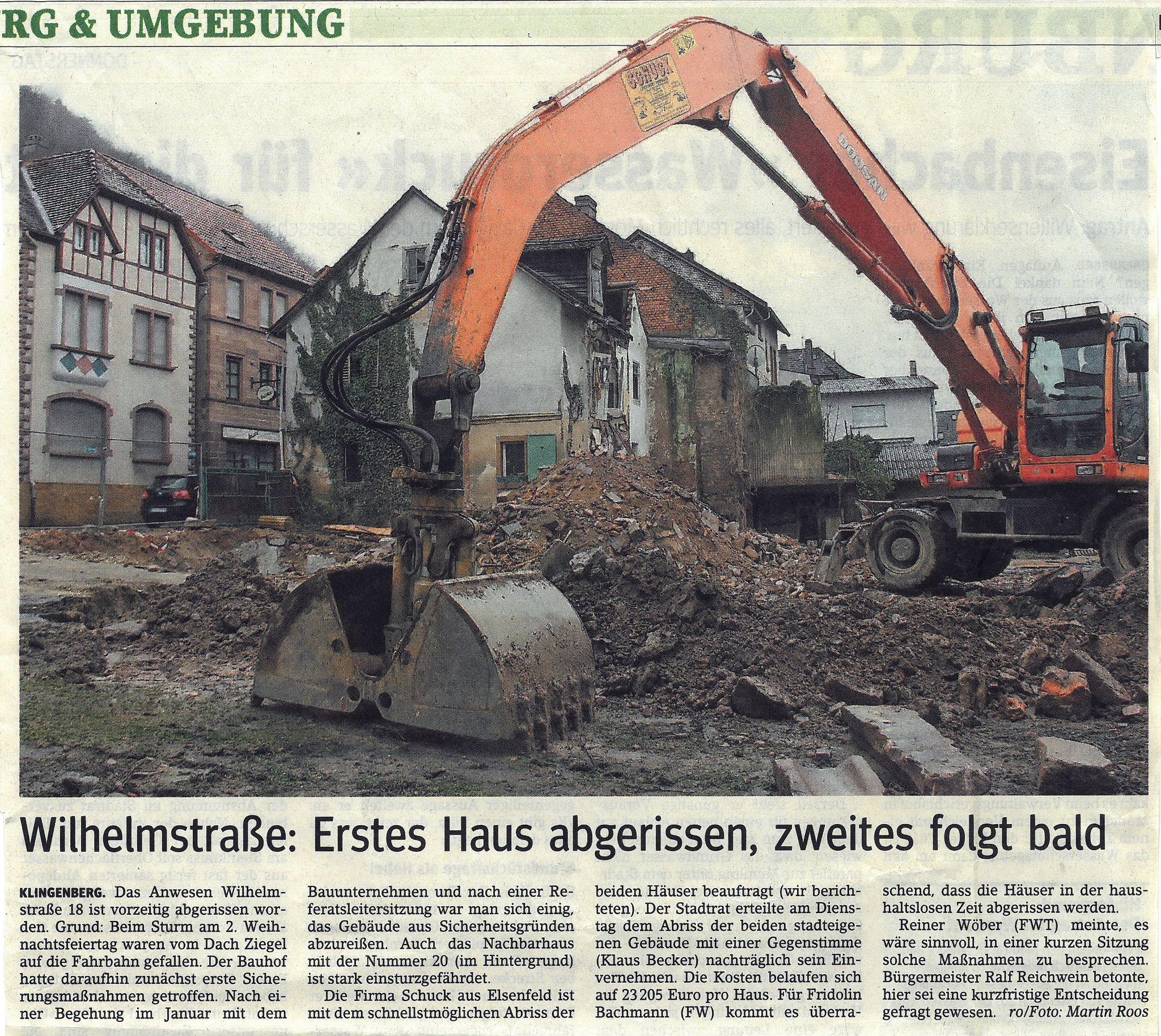 Zeitungsartikel Häuserabriss in der Wilhelmstraße
